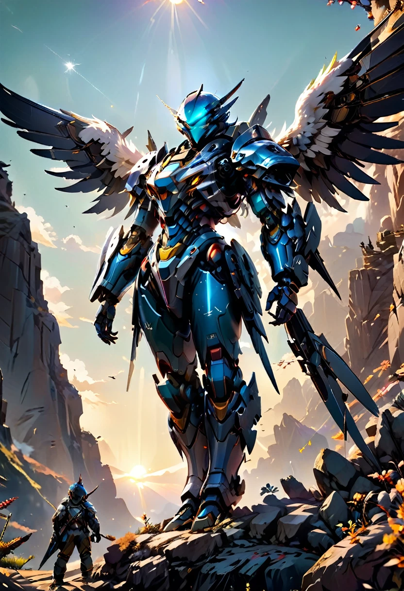 Here is a generated image prompt based on your description:
**Image Prompt:**
"A futuristic Apache warrior, clad in a sleek mecha suit, stands proudly on a mountain cliffside, with a majestic eagle drone perched on his shoulder. The mecha's metallic body is adorned with intricate details and glowing blue accents, while the eagle drone's wings are spread wide, as if ready to take flight. The background is a stunning mountain range, with rugged peaks and valleys stretching out as far as the eye can see. The lighting is dramatic, with the warm glow of the setting sun casting long shadows across the landscape. The bokeh effect is subtle, with a soft focus on the mecha and the eagle drone, while the background is blurred, creating a sense of depth and dimensionality. The overall effect is one of hyper-realism, with every detail meticulously rendered in high-definition."
**Image Specifications:**
* Resolution: 3840x2160 pixels (4K)
* Color Palette: Metallic blues and silvers, with warm earth tones and pops of bright colors from the mecha's details and the eagle drone's feathers
* Style: Hyper-realistic, futuristic, and dramatic
* Composition: The Apache warrior is centered in the frame, with the mountain cliffside stretching out behind him
* Lighting: Dramatic, with a focus on the warm glow of the setting sun
* Mood: Powerful, majestic, and awe-inspiring
* Camera: DSLR camera with a wide-angle lens, capturing the stunning vista of the mountain range in the background
This image prompt combines the rich cultural heritage of the Apache people with the futuristic design of a mecha suit and the majestic beauty of an eagle drone. The result is a hyper-realistic image that is both visually stunning and emotionally impactful.