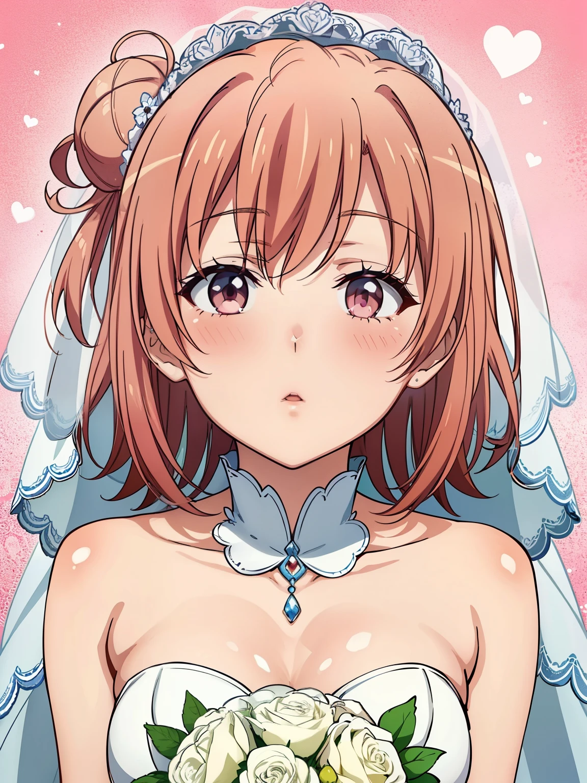 ((Highest quality, High resolution, Perfect Pixel, 4K)), (Beautiful Anime Girls), Depth of written boundary、
Yuigahama Yui, single hair bun,
Wedding dress、Wedding Veil、
Close ~ eyes、kiss、blush、
Pink Background、