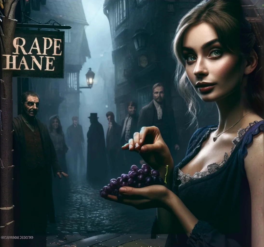 a street in Grape Lane, detailed cobblestone road, colorful Victorian houses, blooming flowers, overarching trees, warm sunlight, intricate architectural details, people walking, (best quality,4k,8k,highres,masterpiece:1.2),ultra-detailed,(realistic,photorealistic,photo-realistic:1.37),detailed landscape,cinematic lighting,vibrant colors