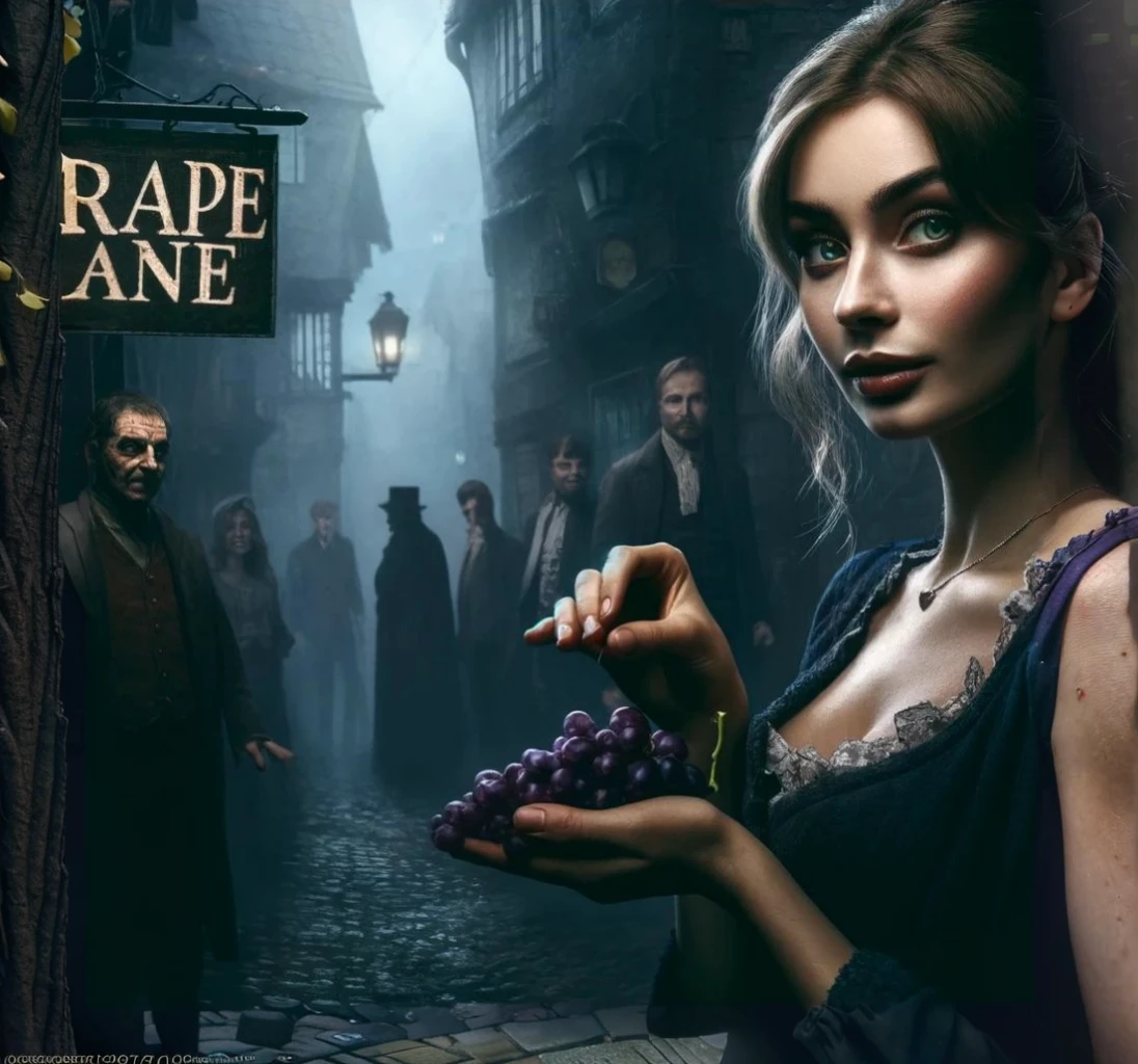 a street in Grape Lane, detailed cobblestone road, colorful Victorian houses, blooming flowers, overarching trees, warm sunlight, intricate architectural details, people walking, (best quality,4k,8k,highres,masterpiece:1.2),ultra-detailed,(realistic,photorealistic,photo-realistic:1.37),detailed landscape,cinematic lighting,vibrant colors
