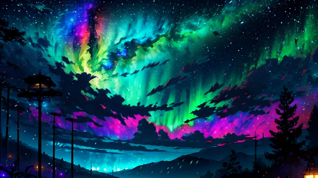 Wide Landscape Photos, (Looking from the bottom up, The sky is above, There is open space below), (Full Moon: 1.2), (meteor: 0.9), (nebula: 1.3), Distant Mountains , The tree,Handmade art, (暖lamp: 1.2), (firefly: 1.2), lamp, Lots of purple and orange, Intricate details, Volumetric LightingBREAK (masterpiece: 1.2), (best quality), 4K, Extremely detailed, (Dynamic Combination: 1.4), Rich in details,Colorful, (Rainbow Colors: 1.2), (glow, Ambient Lighting), Like a dream, magic, (solitary: 1.2)
