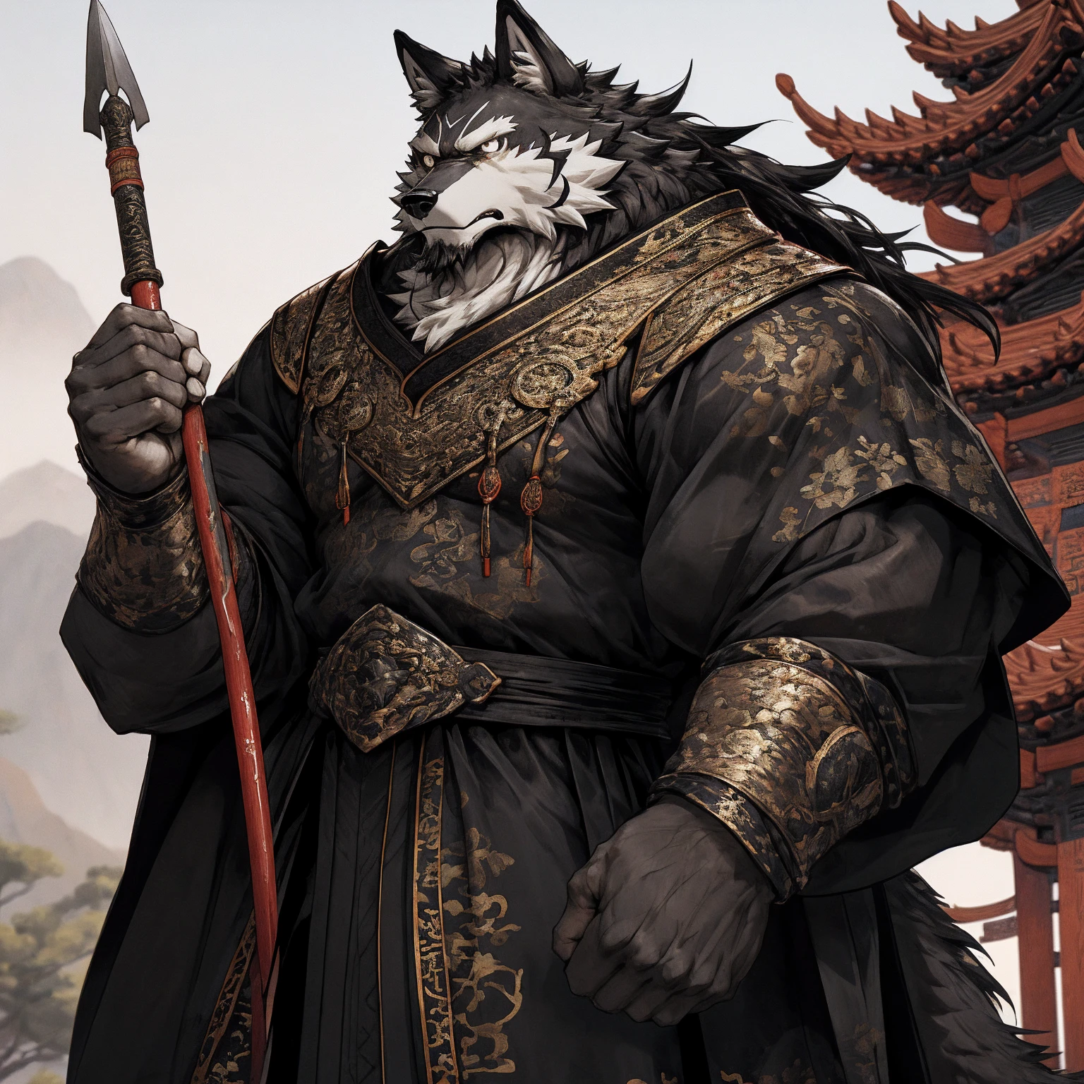 (black Wolf),(Black combat robe),Holding a spear,Powerful gesture,Stand confidently and proudly,Chinese style general holding a sword looking into the distance Longcheng middle-aged serious face beard,Strong,muscle,(high resolution:1.3)