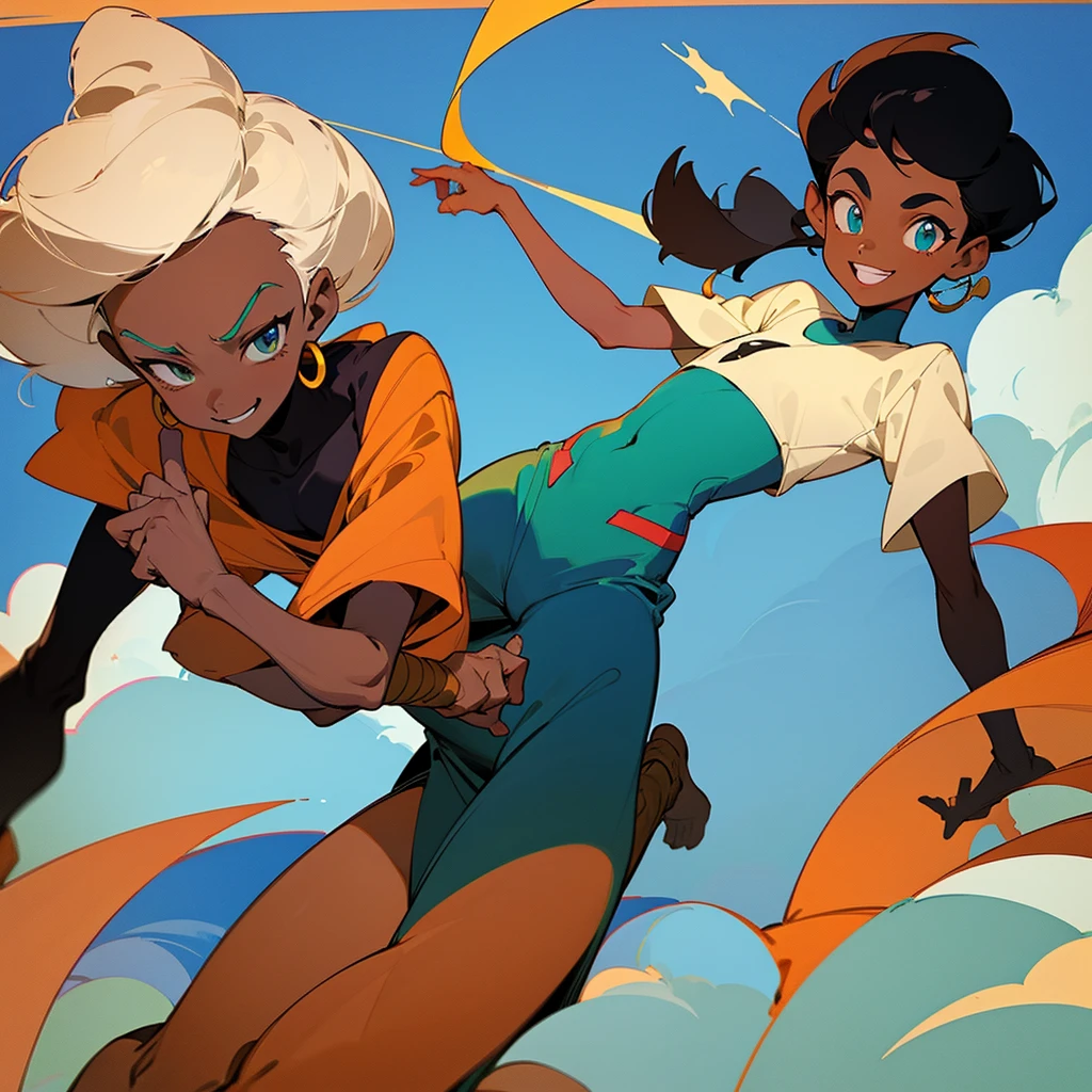 Two african boys, dark skinned, short hair with side parting. Going to school, smiling and gisting.
Flat colour. With black outline. Classic Disney 2D animation style.