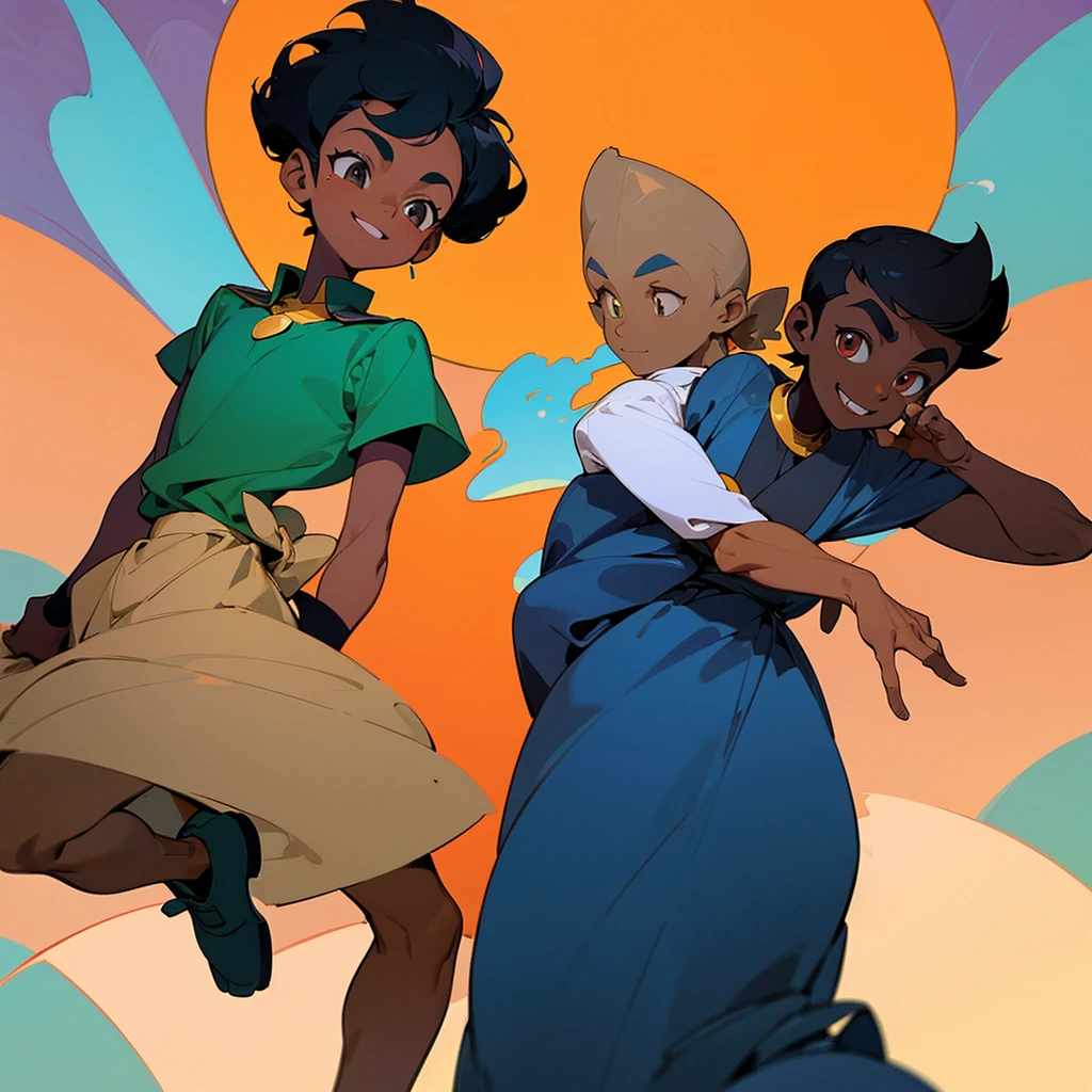 Two african boys, dark skinned, short hair with side parting. Going to school, smiling and gisting.
Flat colour. With black outline. Classic Disney 2D animation style.