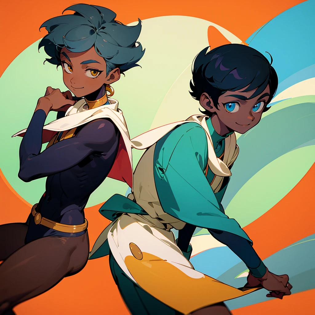 Two african boys, dark skinned, short hair with side parting. Going to school, smiling and gisting.
Flat colour. With black outline. Classic Disney 2D animation style.