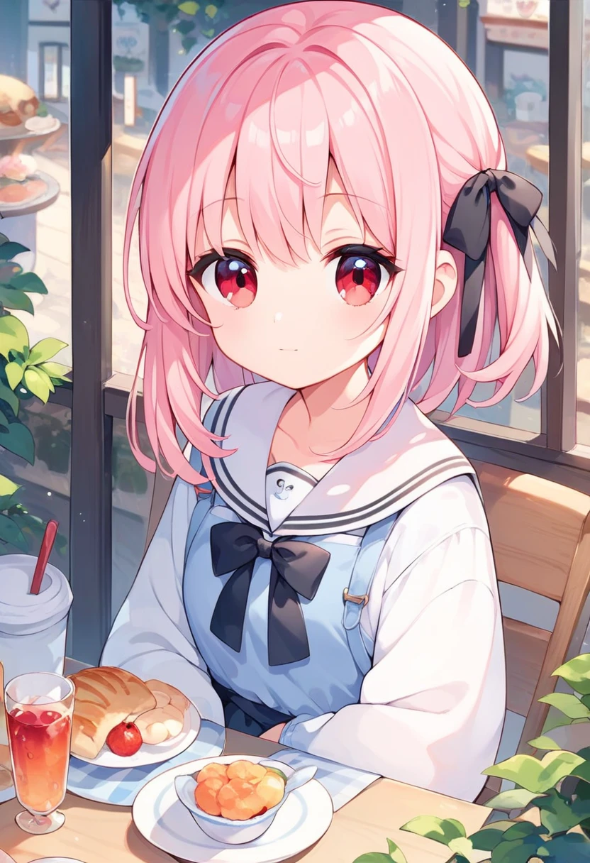 One girl, Light pink hair, Pompadour, Hair Ribbon, cute, Cafe, White Sailor, Red eyes