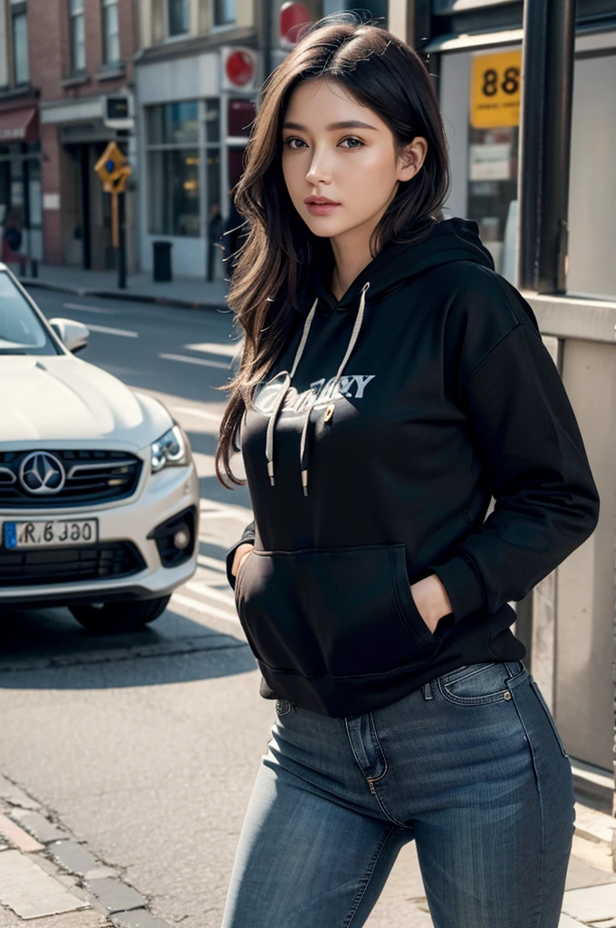 woman, urban, streets, (day:1.1), RAW,(8k, best quality, masterpiece:1.2),(intricate details:1.4),(photorealistic:1.4),octane render, complex 3d render ultra detailed, studio soft light, rim light, vibrant details, ultra detailed, realistic skin texture, detailed face, beautiful detailed eyes, extremely detailed CG unity 8k wallpaper, makeup, (detailed background:1.2), (cowboy shot:1.2),(hip),(perfect anatomy:1.2),(black hoodie, long jeans:1.2), 
