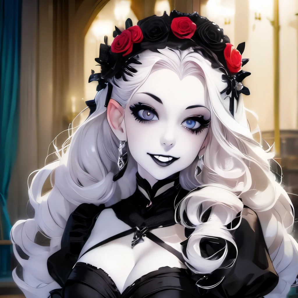 arafed woman with a flower crown on her head smiling, pale goth beauty, pale skin and dark eyes, pale ivory skin, ivory pale skin, pale skin curly blond hair, with pale skin, with curly black and silver hair, beautiful frankenstein, she looks like a mix of grimes, 1 7 - year - old goth girl, victorian vampire, goth girl aesthetic