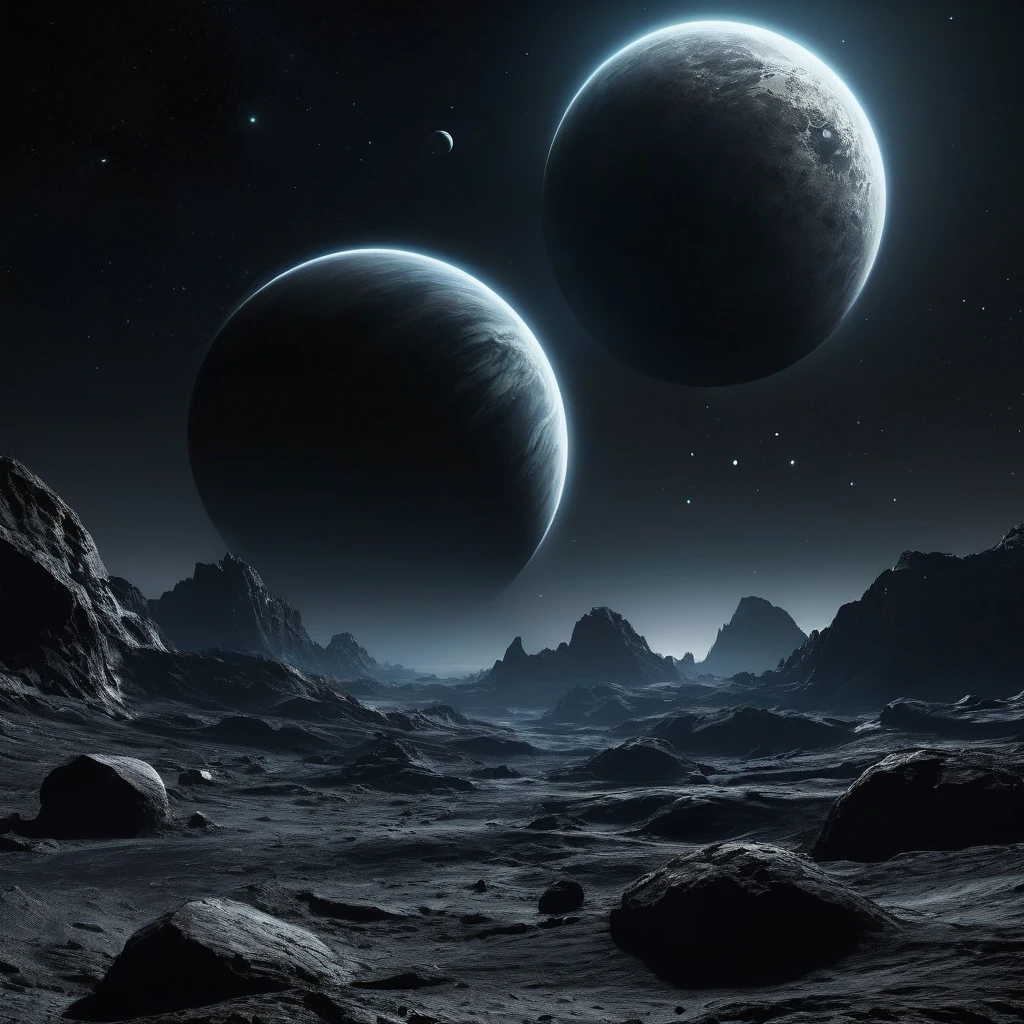 Create a view of two dark grey rocky planets superimposed in dark nighttime outer space,As seen from the surface of a distant nighttime rocky planet, Space is dark, é possível ver apenas um dos lados dos planetas pela Dense atmosphere, Dense atmosphere, totally dark, Dark Horizon, Penumbra, Be as realistic as possible, There is no light in the scene,