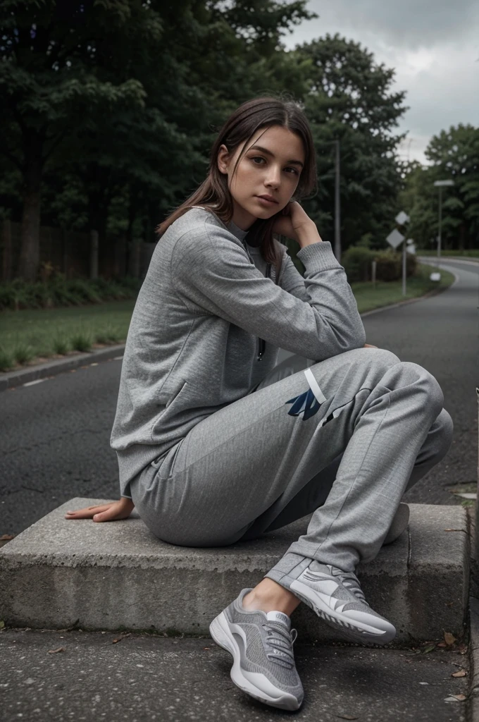 Describe a calm atmosphere while relaxing outdoors by looking at the shoes you are wearing. This photo shows a person sitting relaxed on a dark road surface, wearing gray sports shoes and gray trousers. Use a soft lighting style to create a peaceful and reflective effect.
