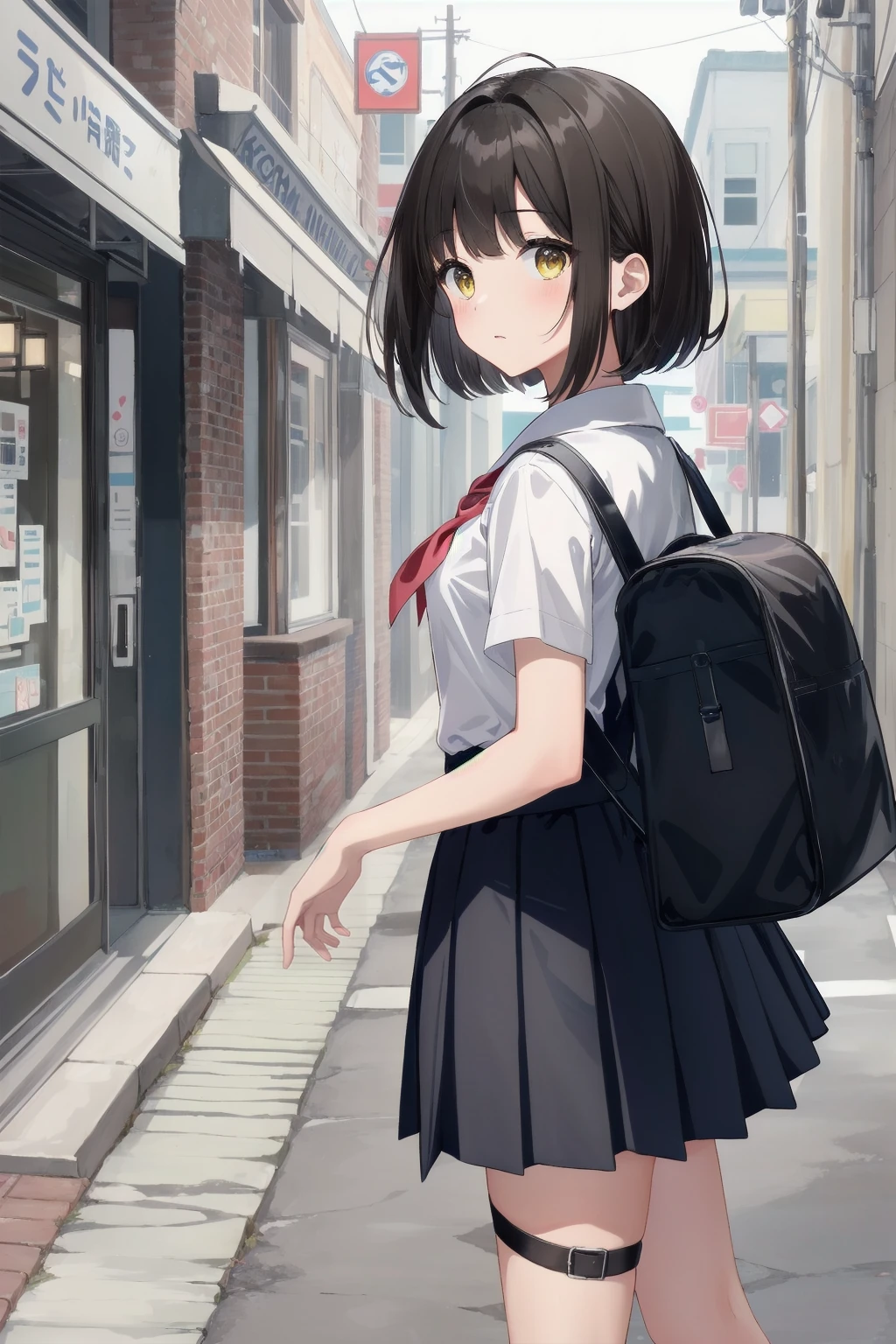One Woman、((Junior High School Uniform))、Checked Skirt、Highest quality、Very delicate and beautiful、((Very short bangs))、((Bangs))、Light-colored hair、Brown Hair、Short Bob、Cute face、Cute like an idol、Yellow Eyes、Are thin、Slim figure、Short、 body type、Small Breasts,The background is a residential area、Shooting from the side、Walking、School bag、Looking into the distance、