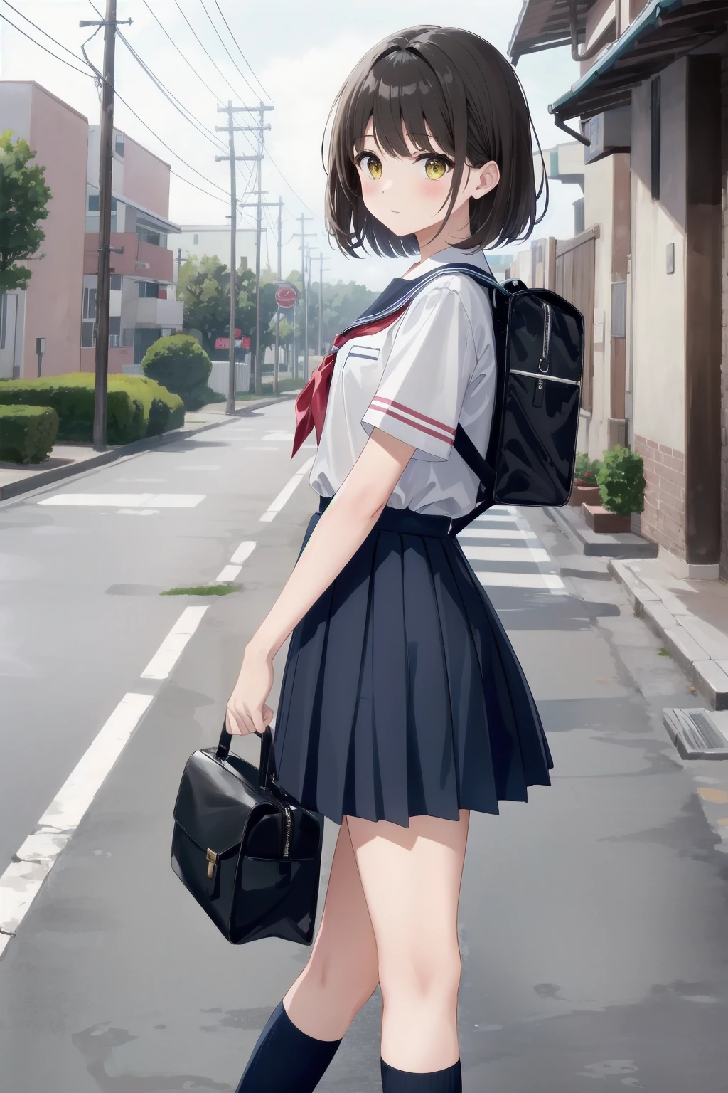 One Woman、((Junior High School Uniform))、Checked Skirt、Highest quality、Very delicate and beautiful、((Very short bangs))、((Bangs))、Light-colored hair、Brown Hair、Short Bob、Cute face、Cute like an idol、Yellow Eyes、Are thin、Slim figure、Short、 body type、Small Breasts,The background is a residential area、Shooting from the side、Walking、School bag、Looking into the distance、
