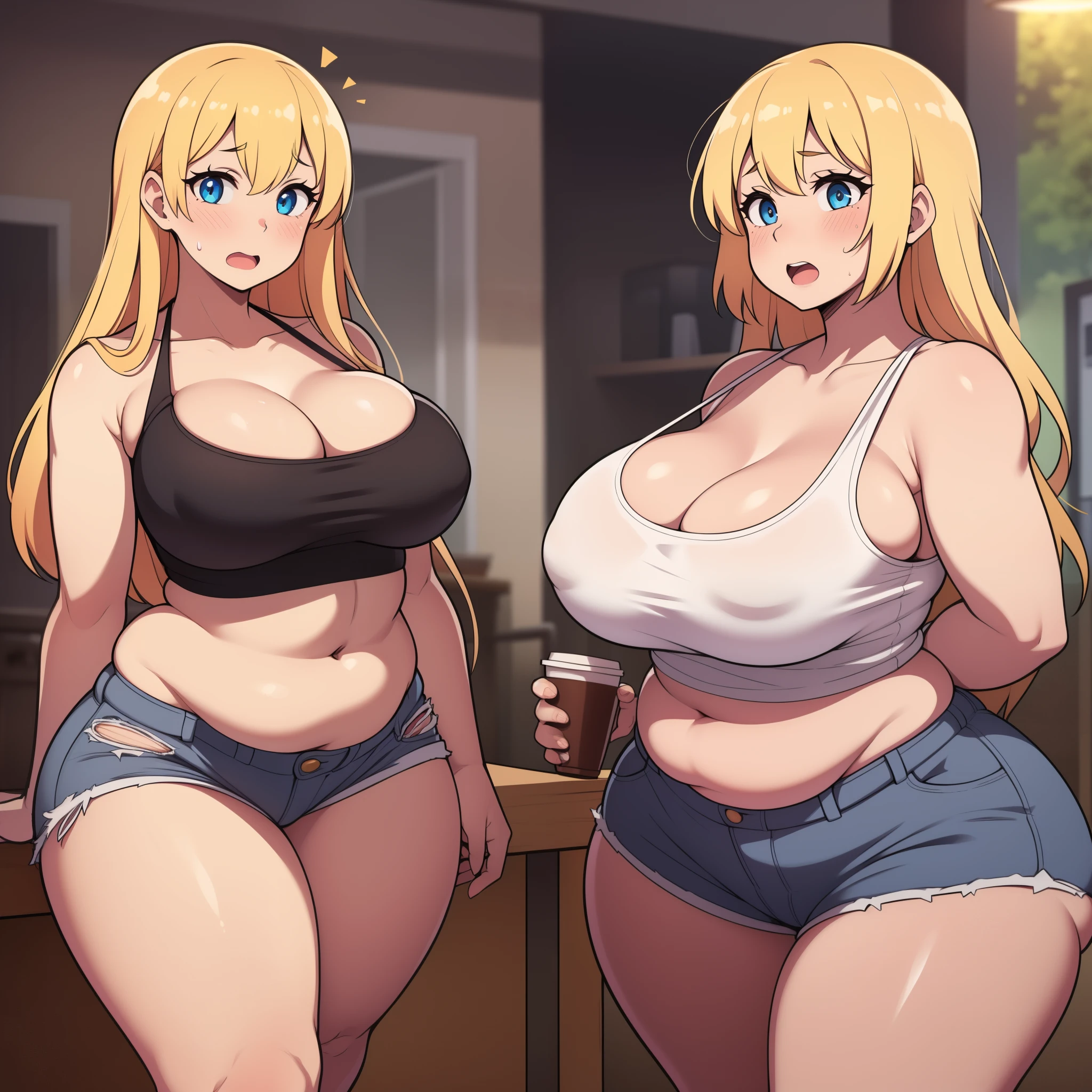 ((highres)), Masterpiece, high quality, best quality, beautiful, perfect lighting, detailed face, ultra cute face, ((1girl)), ((solo)), ((blush)), (embarrassed), looking at viewer, blonde hair, blue eyes, crop top and shorts, skindentation, full body, fast food restaurant, large breasts, perky breasts, cleavage, ((wide hips)), (((thick thighs))), ((plump)), chubby belly, fat folds, standing, arms behind back, embarrassed, table full of food,