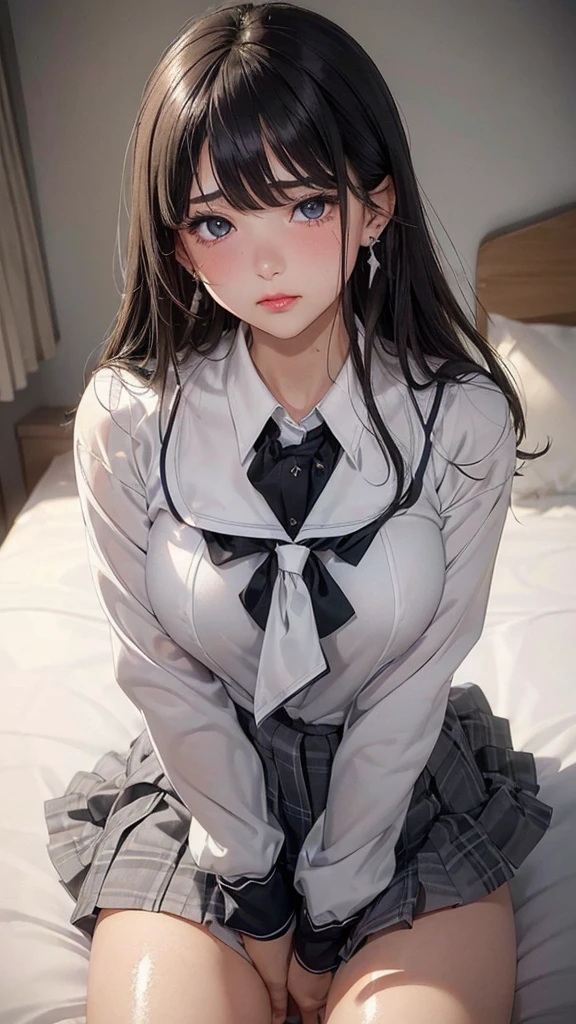 (masterpiece: 1.3), (Maximum resolution: 1.2), (Ultra HD TV: 1.2), Cinematic Light, 8K resolution, Detailed facial features , (Sharp focus: 1.2), (Focus on the face:1.2),Perfect Style, Beautiful Face, Acura, Anatomically correct, Highly detailed face and skin texture, Beautiful Eyes,Beautiful Eyes, Thin eyebrows, Glitter Eyeliner: 1 Natural Cheeks, Glowing Skin, Fair skin: 1.2, (Glossy Lips: 1.4),、 (Embarrassed look: 1.2),Highly detailed face and skin texture, Natural Cheeks, , Glossy Lips: 1.4,Perfect Style、Cleavage、Soft Breasts、(White mucus on chest:1.4)(White mucus on thighs:1.2)、 blush、A humiliating look、Anxious expression、A look of humiliation、Embarrassed look、Glare、anger、sorrow、tears、Open your knees、Spread your legs、 White underwear、Sparkly little earrings and necklace、Disheveled clothes、White panties、sweating、Thin underwear、stockings、Year: 18-year-old, A clean-cut woman,1 person、 Upward-facing chest, Black brown hair、blonde、Silver Hair、Blue-gray eyes、Greenish-gray eyes、Bedroom、bed、(High School Uniform:1.4)、masturbation behavior、Masturbation、