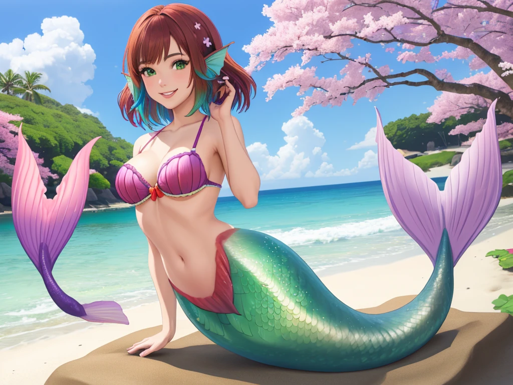 masterpiece, best quality:1.2), 1girl, smile, looking at viewer, green eyes, short brown multicolored hair, mermaid, mermaid girl, wearing purple seashell bra, laying on belly on beach, colorful mermaid tail, outdoors, head fins, fin ears, under cherry blossoms