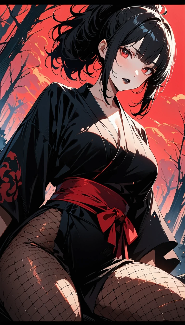 (high quality, 8k, 4K, high contrast, artwork:1.2, high quality, best aesthetics), (dynamic angle), ((1 woman)), erotic, sensual, mature body, super detailed, beautiful face detailed, beautiful eyes detailed, detailed beautiful mouth, sexy body, perfect breats, perfect wide thighs, black hair, short black hair, ponytail hair, red eyes, serious facial expression, women's black ninja kimono with red clouds printed, black fishnet pantyhose, black lipstick, kunoichi, ninja girl, forest, sitting on top of a rock, centered, looking at the viewer.