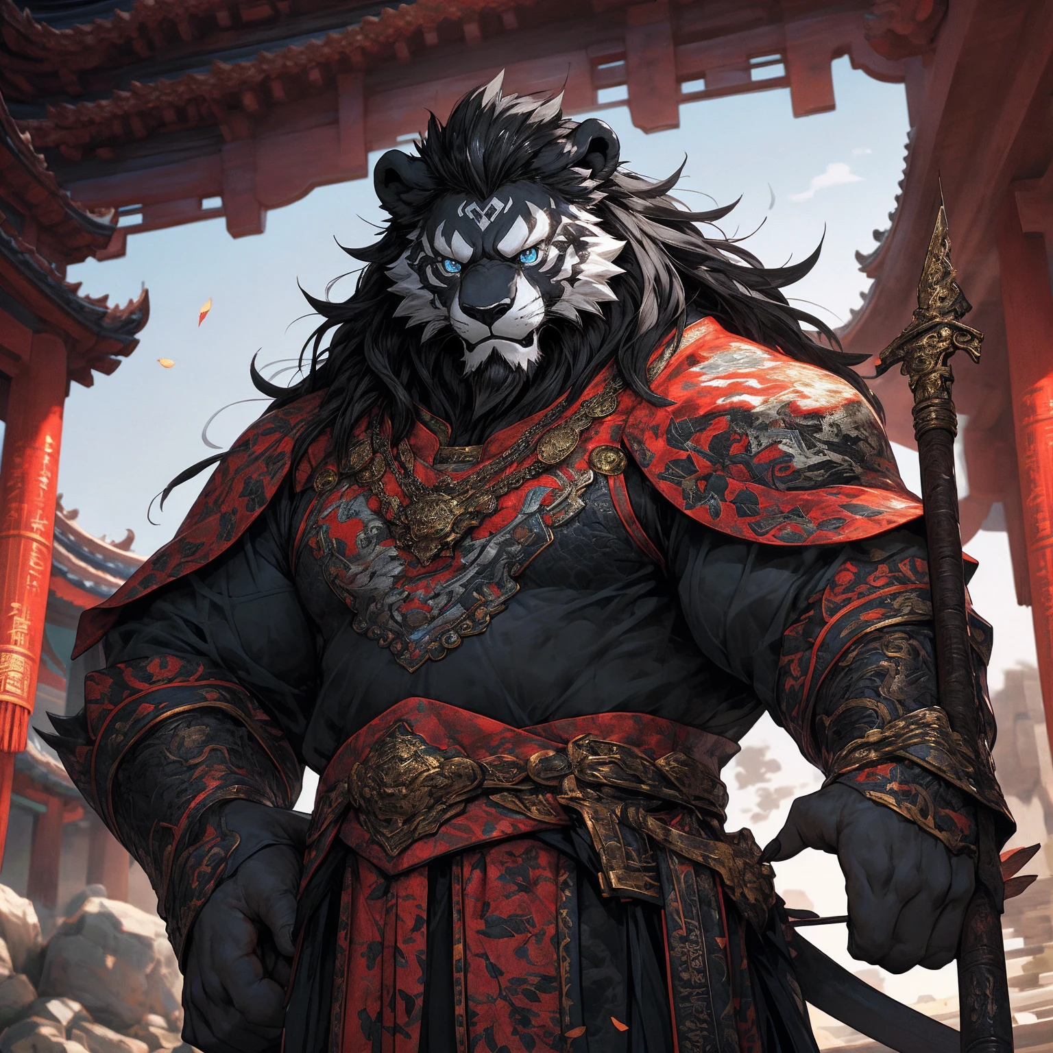 (Black lion),(黑色General战袍),Holding a spear,Powerful gesture,Stand confidently and proudly,(边塞Great Wall与沙漠戈壁为背景:1.2.Great Wall),abdominal muscles,Heroic Stance飒爽,完美的masterpiece,Various facial details,Long-term perspective,specific description,masterpiece,CG,(Light blue eyes),Light black pattern,Black tail,General,Heroic Stance,Red fur,Specific facial details,Half Body,(炎火General战履),(Chang Ling),((middle aged)),(Face Focus),(16K),HD,Red and white belly,temple,beard,(Face line),Different students,(Black shirt),(Light black hair),Strong,muscle,(high resolution:1.3),Chinese style general holding a long sword,Looking into the distance