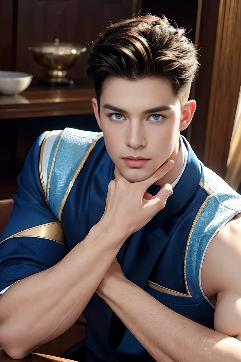 Ultra wide angle,((masterpiece)),((best quality)),8K,High Detail,Very detailed, 2 handsome muscular boys,Very manly,blue eyes,Stylish short hair,Vivid male image, Fashion pose, masculine expression,Real skin texture, Perfect and realistic hand details,Light,
Royal blue style couple,White male model photos