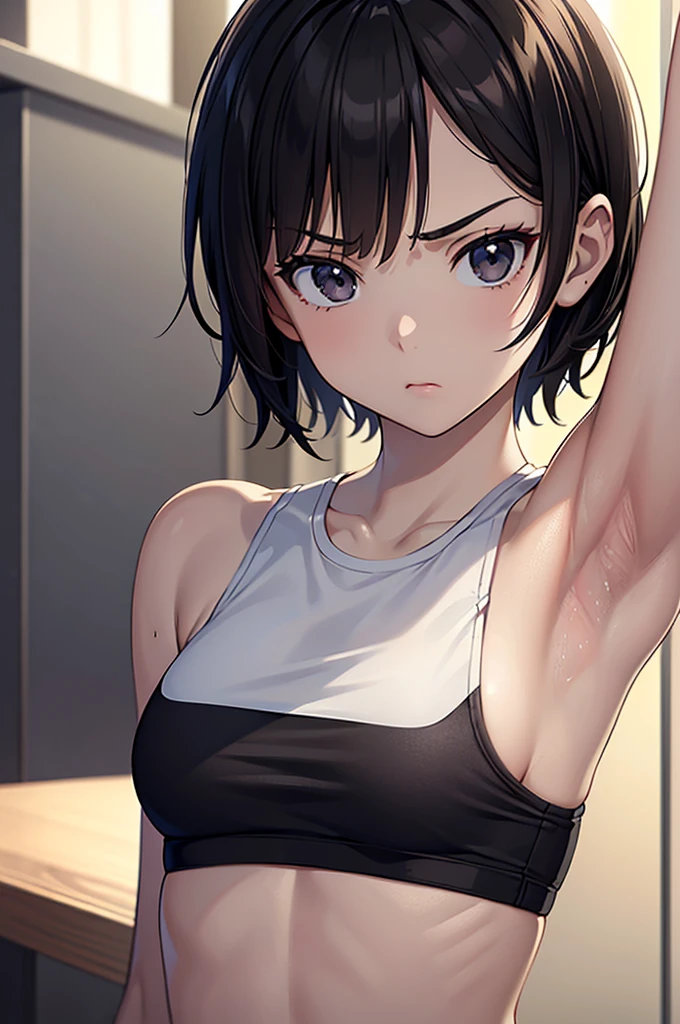 masterpiece, best quality, ultra detailed, ultra high resolution, very detailed face, solo, anime, top down angle, 20 years old girl, slim, (((sports bra, sleeveless))), ((upper body only, warming up, up arms, armpit))), ((black short hair)), (((tiny breast))), serious face, in the changing room