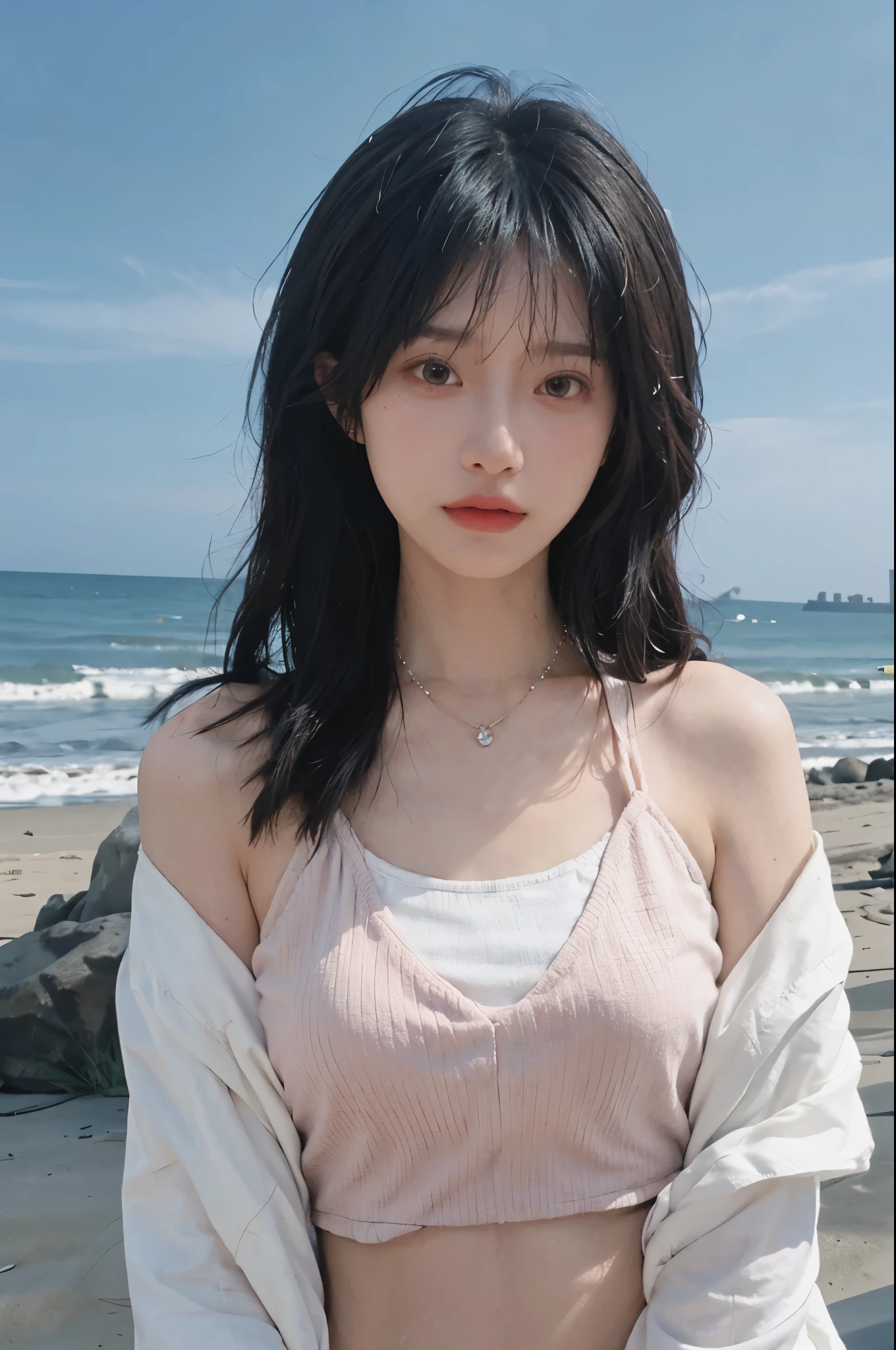 Best quality，Ultra-high resolution，（lifelike：1.4），Cute hairpin，1girll，Long curly hair，jk，Blush，Slim beauty：1.4，Visible abdominal muscles，on the beach，Ultra-fine face，Exquisite eyes，Double eyelids，necklace