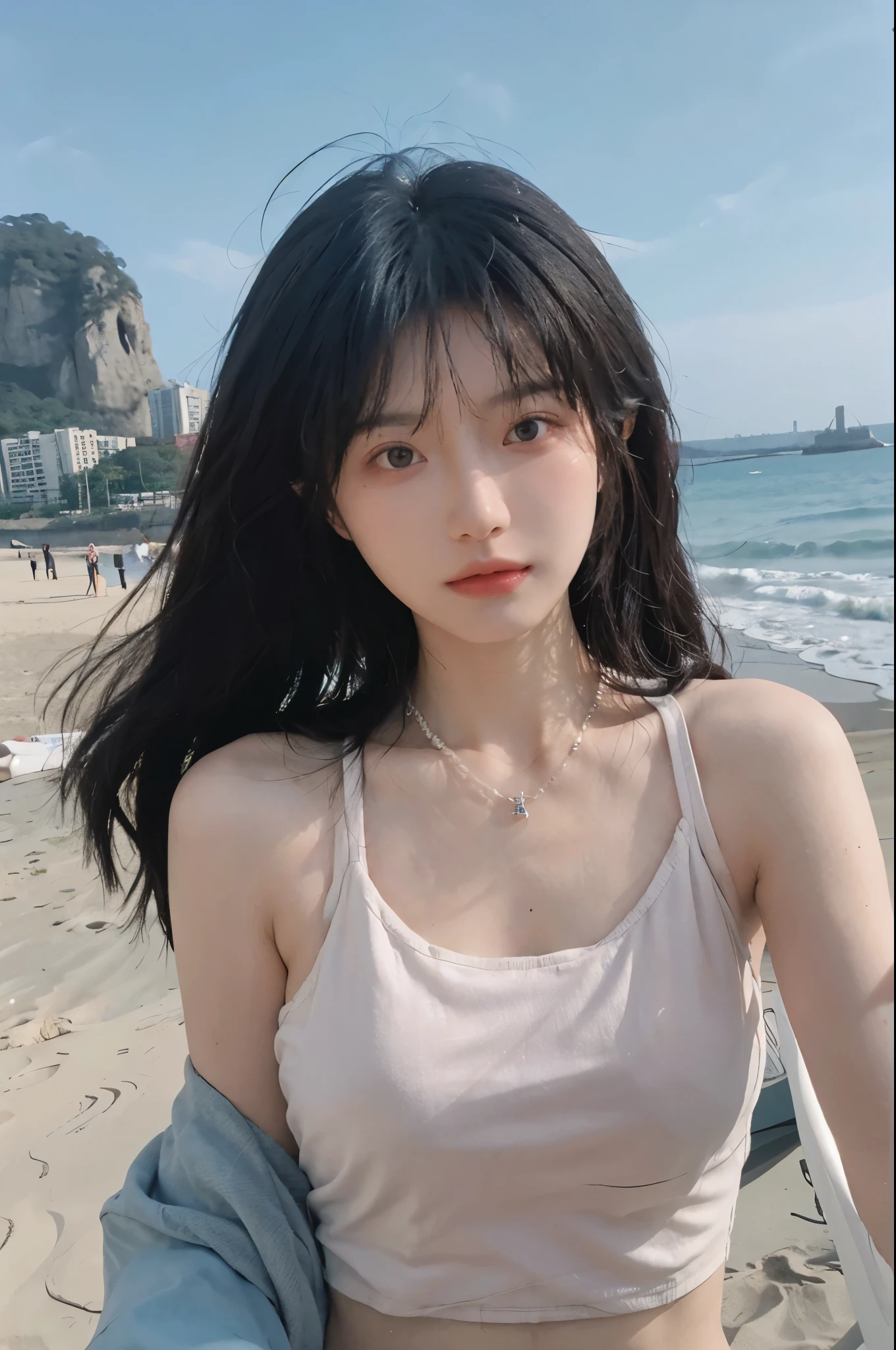 Best quality,Ultra-high resolution,(lifelike:1.4),Cute hairpin,1girll,Long curly hair,jk,Blush,Slim beauty:1.4,Visible abdominal muscles,on the beach,Ultra-fine face,Exquisite eyes,Double eyelids,necklace