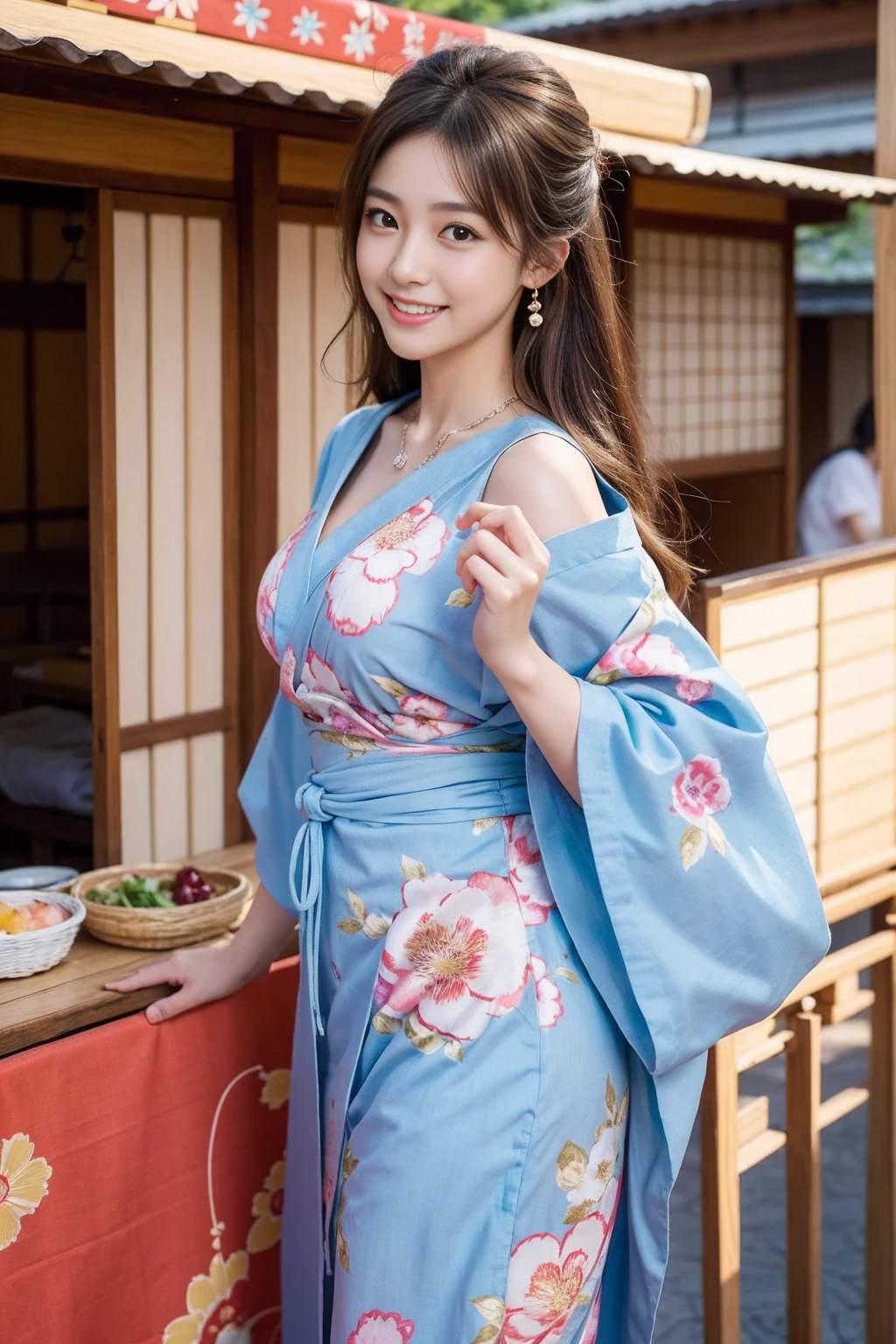 Highest quality,8K, Detailed facial depiction, Detailed description of the eyes,One Woman, Light brown hair(Medium-long hair),Beautiful Japanese Girl,24-years-old,Cute eyes,Cute Smile,Yukata beauty,Yukata with a beautiful floral pattern,Slender body, Large, plump breast size, Long and beautiful legs,Smiling, Colorful earrings,necklace,Are standing,Beautiful nape,Japanese Summer Festivals,There are food stalls