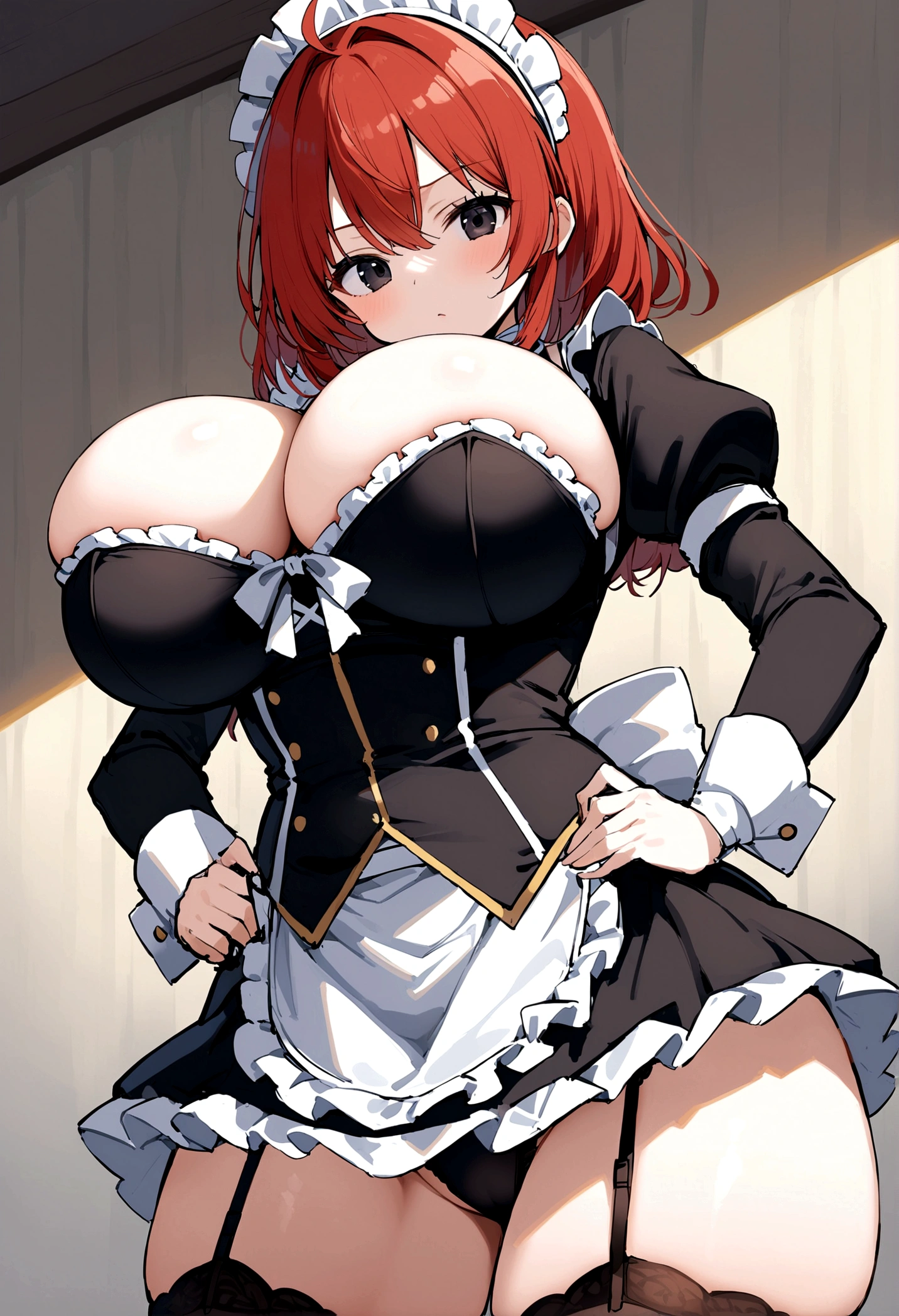My name is Hikaru, I am a white test woman with long red hair and black eyes. I am 1.60cm tall and weigh 46kg. My breast sizes are 300 cm, my waist is 60 cm and my hips are 200 cm. Dressed in a tight fitting maid outfit with Garter belt. With big breasts 300 cm