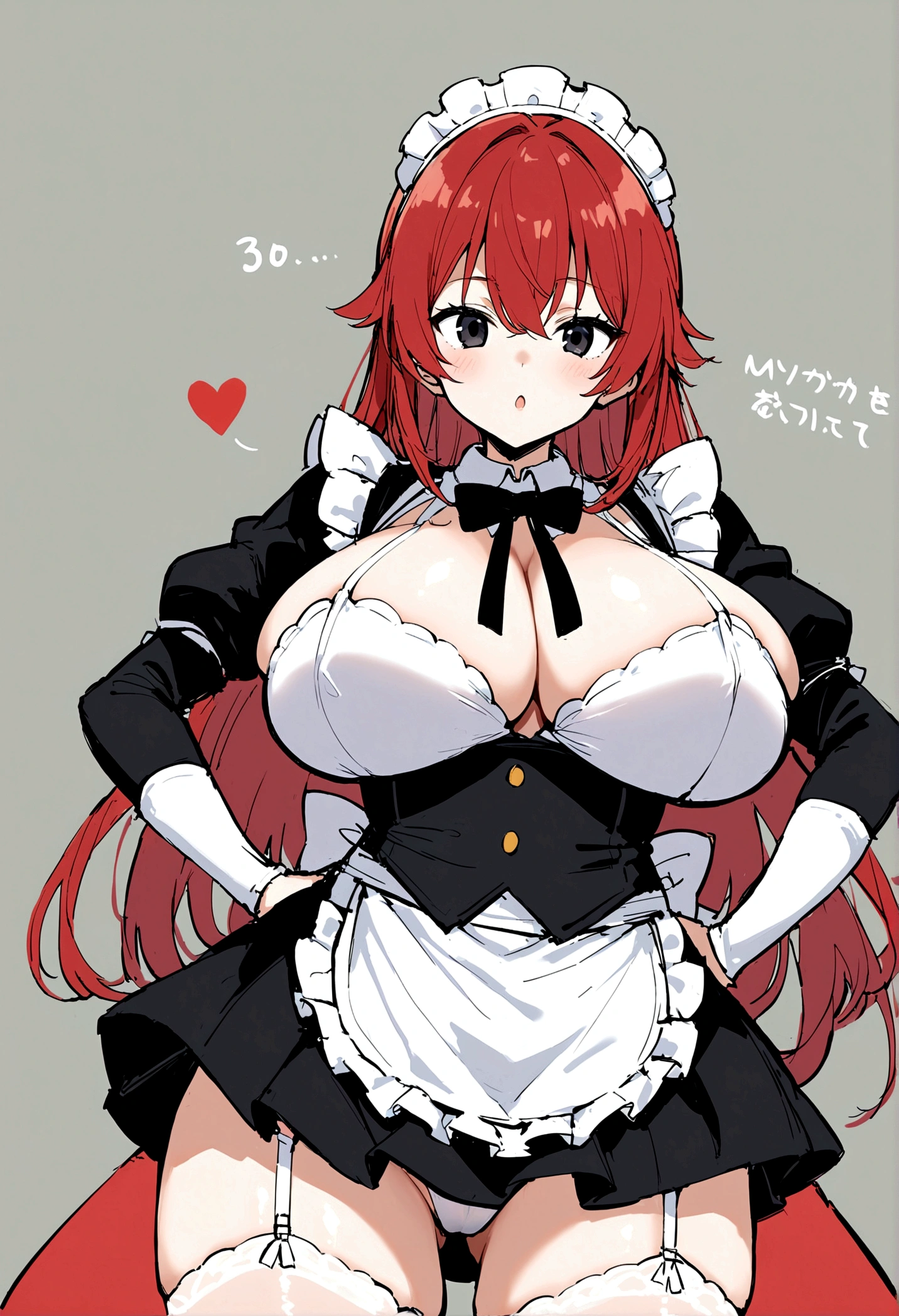 My name is Hikaru, I am a white test woman with long red hair and black eyes. I am 1.60cm tall and weigh 46kg. My breast sizes are 300 cm, my waist is 60 cm and my hips are 200 cm. Dressed in a tight fitting maid outfit with Garter belt. With big breasts 300 cm