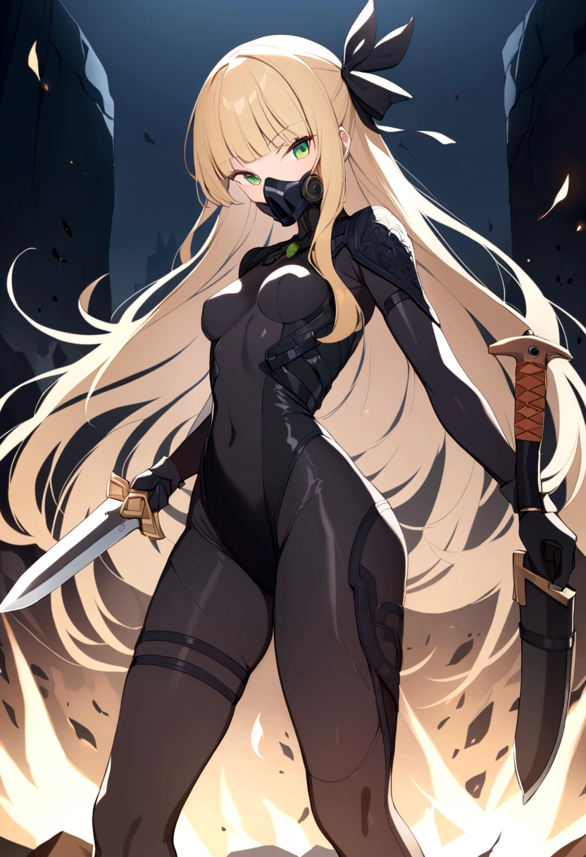 slender, mature female, 1girl, rating:safe, blonde_hair, solo, weapon, hair_ribbon, dagger, bodysuit, ribbon, long_hair,green_eyes, looking_at_viewer, gloves, standing, small_breasts, cowboy_shot, holding, breasts, holding_weapon, black_ribbon, gas_mask, skin_tight, holding_dagger, covered_mouth, knife, battle_knife, bangs