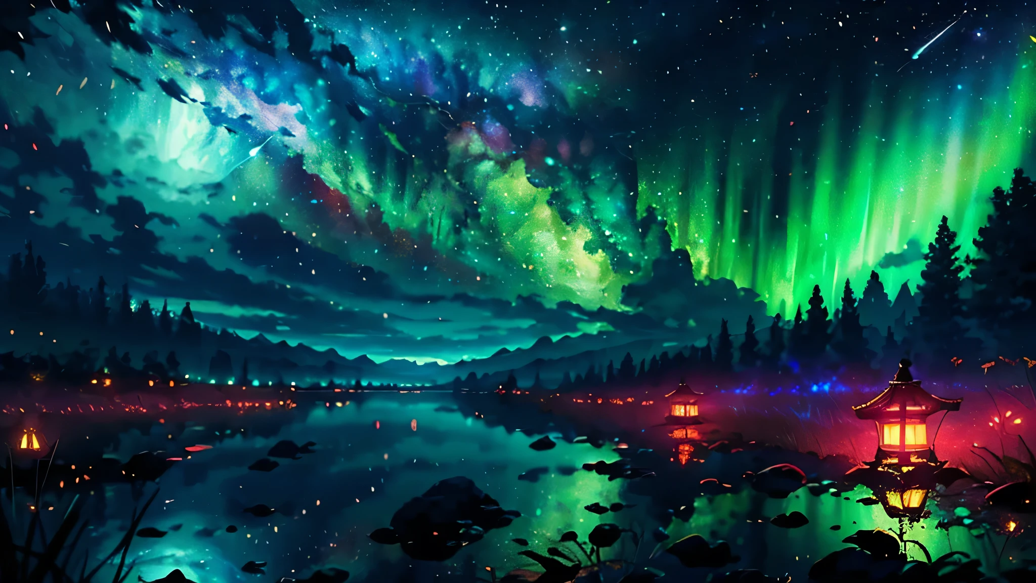 Wide Landscape Photos, (Looking from the bottom up, The sky is above, There is open space below), (Full Moon: 1.2), (meteor: 0.9), (nebula: 1.3),Handmade art, (暖lamp: 1.2), (firefly: 1.2), lamp, Lots of color, Intricate details, Volumetric LightingBREAK (masterpiece: 1.2), (best quality), 4K, Extremely detailed, (Dynamic Combination: 1.4), Rich in details,Colorful, (Rainbow Colors: 1.2), (glow, Ambient Lighting), Like a dream, magic, (solitary: 1.2)
