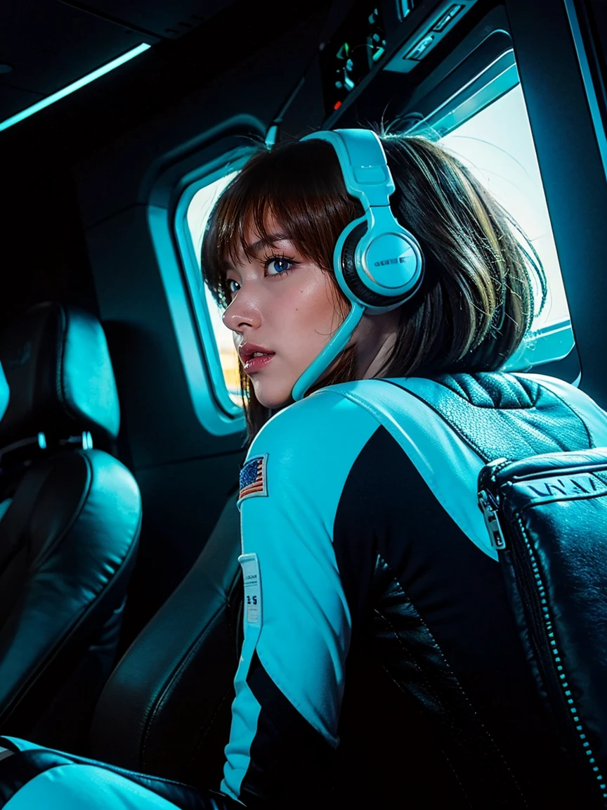 In a futuristic setting, a young female astronaut with short red hair sits in the cockpit of an advanced spacecraft. She wears a silver metallic spacesuit equipped with cutting-edge technology, evidenced by the digital display on her chest displaying critical data. His blue eyes are highlighted by the soft light that penetrates through the ship's windows, giving him an air of determination and serenity. Modern headphones surround her ears, suggesting she is in constant communication with her team. The back of the cabin, with its high-tech panels and controls, complements the atmosphere of space exploration and technological innovation. The image conveys a sense of courage, progress and the infinite human curiosity for new frontiers.