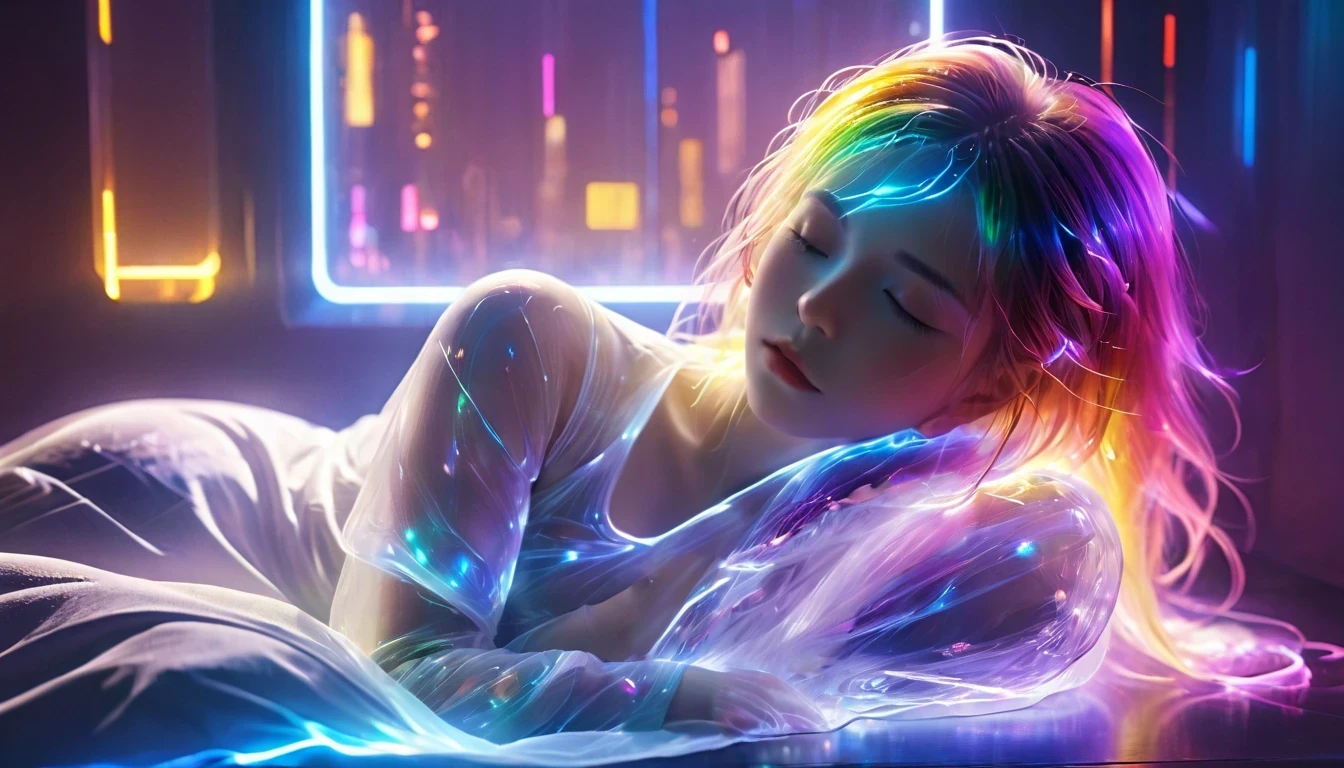 {{masterpiece}}, best quality, Extremely detailed CG unified 8k wallpaper, light,Cyberpunk, A woman sleeping in bed,Sleep with your eyes closed,There are huge windows in the back, Quiet Night. , Multi-colored hair, (Colorful hair:1.5),