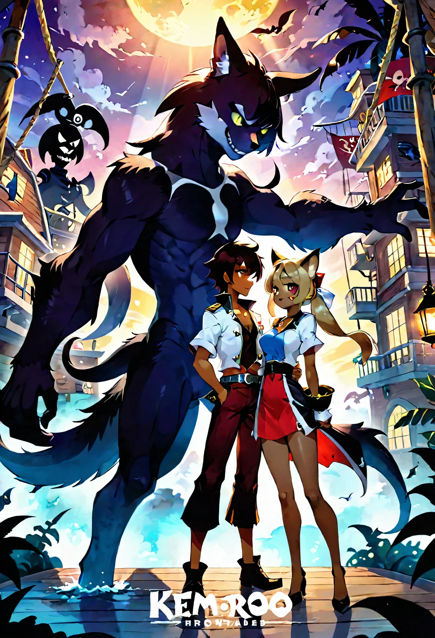 cover page, highres, top quality, best quality, paid reward available, unparalleled masterpiece, perfect artwork, absurdres, High-quality illustrations, super high resolution, detailed background, perfect anatomy(kemono, furry anthro, boy, girl)Hospitals with power outages, Spooky creatures, Pirate Ship, a pirate,  good lighting, cinematic shadow,