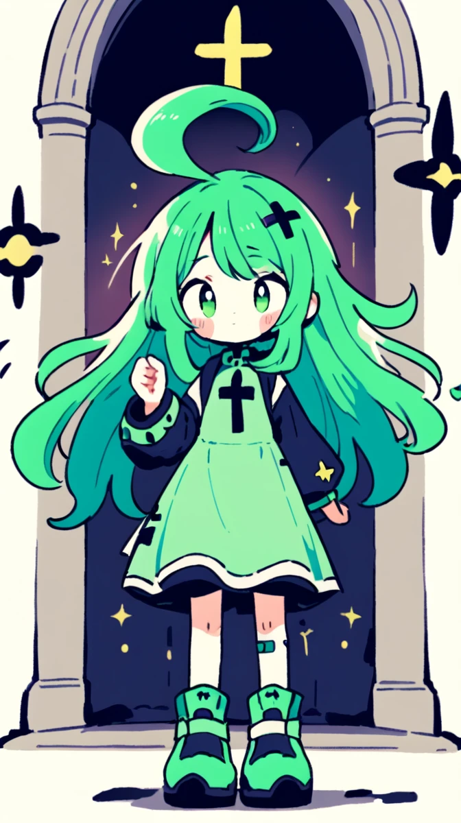 A character dressed as a church father with the ability to alter gravity and whose objective is to reach heaven with another ability that is to accelerate the universe to its vanishing point but is stopped by a girl with green hair and her ability to create ilos