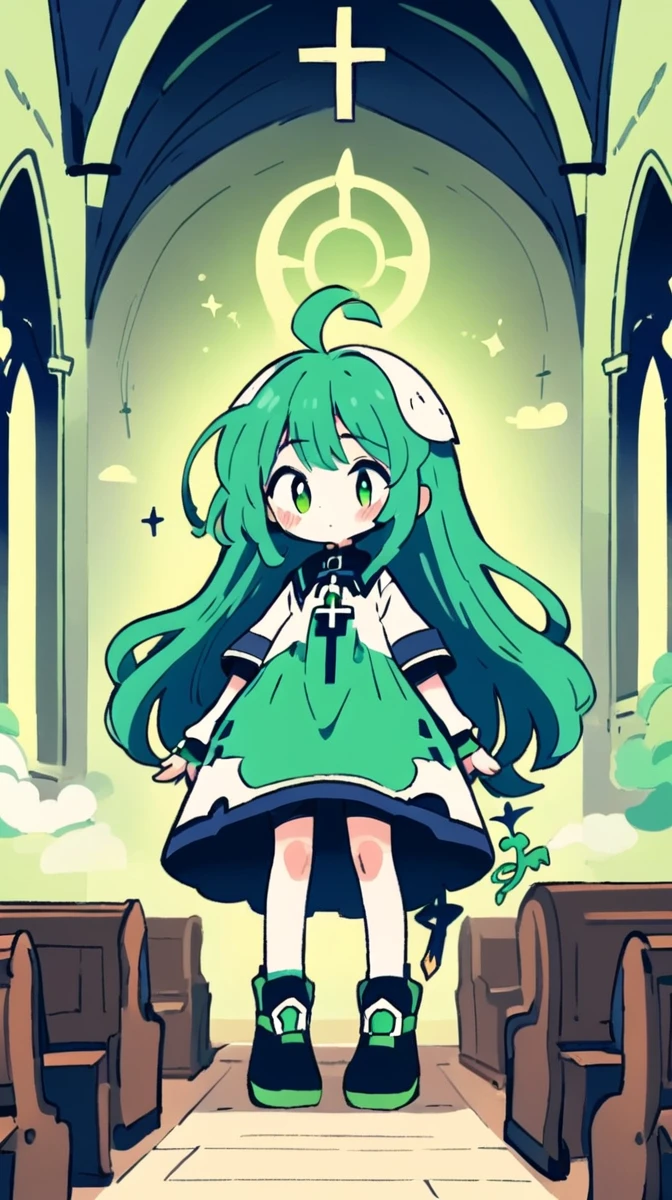 A character dressed as a church father with the ability to alter gravity and whose objective is to reach heaven with another ability that is to accelerate the universe to its vanishing point but is stopped by a girl with green hair and her ability to create ilos