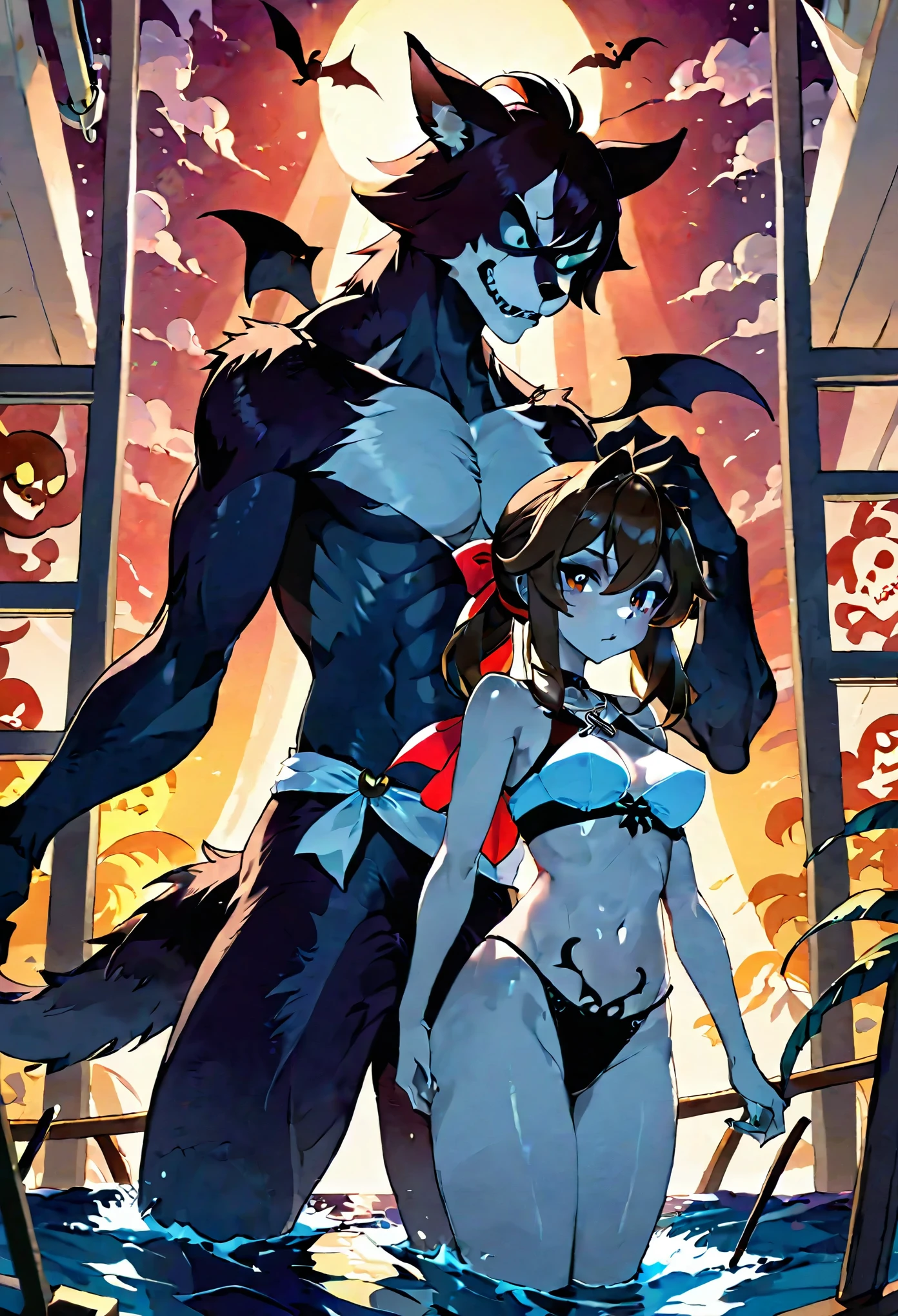 cover page, highres, top quality, best quality, paid reward available, unparalleled masterpiece, perfect artwork, absurdres, High-quality illustrations, super high resolution, detailed background, perfect anatomy(kemono, furry anthro, boy, girl)Hospitals with power outages, Spooky creatures, Pirate Ship, a pirate, good lighting, cinematic shadow,