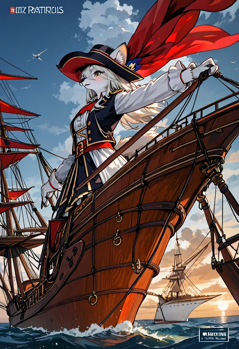 cover page, highres, top quality, best quality, paid reward available, unparalleled masterpiece, perfect artwork, absurdres, High-quality illustrations, super high resolution, detailed background, perfect anatomy(kemono, furry anthro, boy, girl)Hospitals with power outages, Spooky creatures, Pirate Ship, a pirate, good lighting, cinematic shadow,