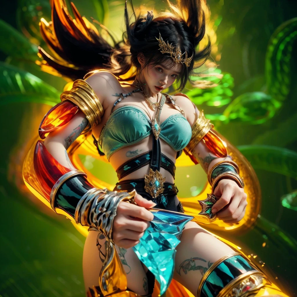 (extremely detailed, best quality), focus on details, natural lighting, dynamic, vibrant colors, bright sunlight, vibrant colors, serene countenance, tranquility of the waves, crystal clear turquoise water.girl holding weapon,realistic,blue eyes,cinematic realism,wlop,jade
