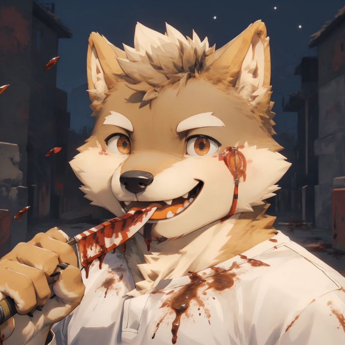 masterpiece, best quality, 8k resolution, Very detailed, hairy，Shiba Inu，(Black hair)，(((golden fur)))，(((Blood red eyes)))，Chubby，Chubby face，(((White shirt)))，(((Loose shirt)))，((Black pants))，(((For the audience)))，Highest quality scene，(((Solitary)))，solitary，Upright，portrait，((Yandere))，((Night))，((bloody))，((Face-to-face))，(((Eyes on me)))，(((The eyes are empty)))，(((Tilting your head)))，(((Round face)))，(((Smiling evilly)))，(((Kitchen knife in hand)))