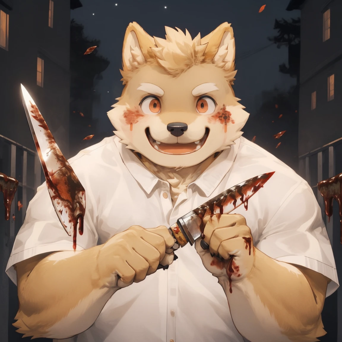 masterpiece, best quality, 8k resolution, Very detailed, hairy,Shiba Inu,(Black hair),(((golden fur))),(((Blood red eyes))),Chubby,Chubby face,(((White shirt))),(((Loose shirt))),((Black pants)),(((For the audience))),Highest quality scene,(((Solitary))),solitary,Upright,portrait,((Yandere)),((Night)),((bloody)),((Face-to-face)),(((Eyes on me))),(((The eyes are empty))),(((Tilting your head)))