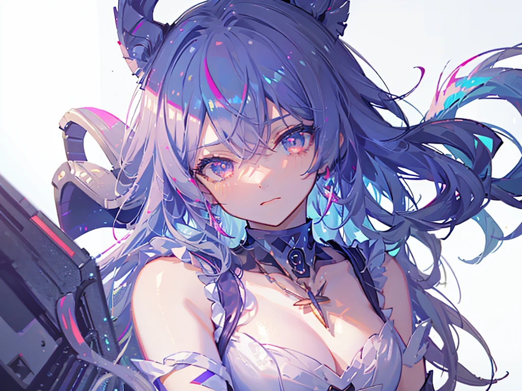 8k wallpaper,tmasterpiece,cinmatic lighting,top Quority,illustratio,Dramatic angles,((a color:1.1)),((Colored inner hair:1.4)),
1girll, solo, long blue hair, SakuraNS, Pink eyes, Cross necklace, parted lip, a white choker, liquid hair, Light blue hair, By bangs, By bangs, From the side Side, contours, The upper part of the body, blue hairs, simple backgound, pink back ground, exposed bare shoulders, sportrait, looking at viewert, white dresses, hairsbetweeneyes, colorfulhair, Galaxy Background, Nebula, 耳Nipple Ring,jewely, majestic space creature