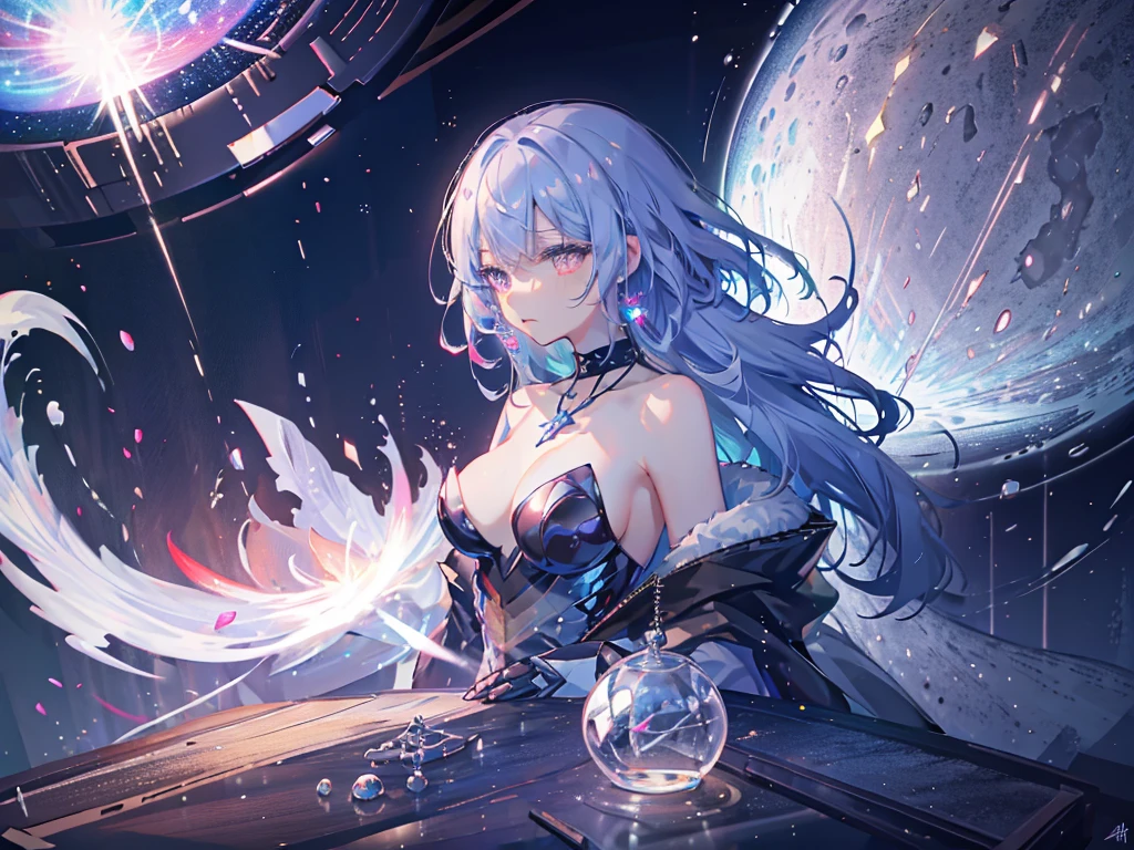 8k wallpaper,tmasterpiece,cinmatic lighting,top Quority,illustratio,Dramatic angles,((a color:1.1)),((Colored inner hair:1.4)),
1girll, solo, long blue hair, SakuraNS, Pink eyes, Cross necklace, parted lip, a white choker, liquid hair, Light blue hair, By bangs, By bangs, From the side Side, contours, The upper part of the body, blue hairs, simple backgound, pink back ground, exposed bare shoulders, sportrait, looking at viewert, white dresses, hairsbetweeneyes, colorfulhair, Galaxy Background, Nebula, 耳Nipple Ring,jewely, majestic space creature