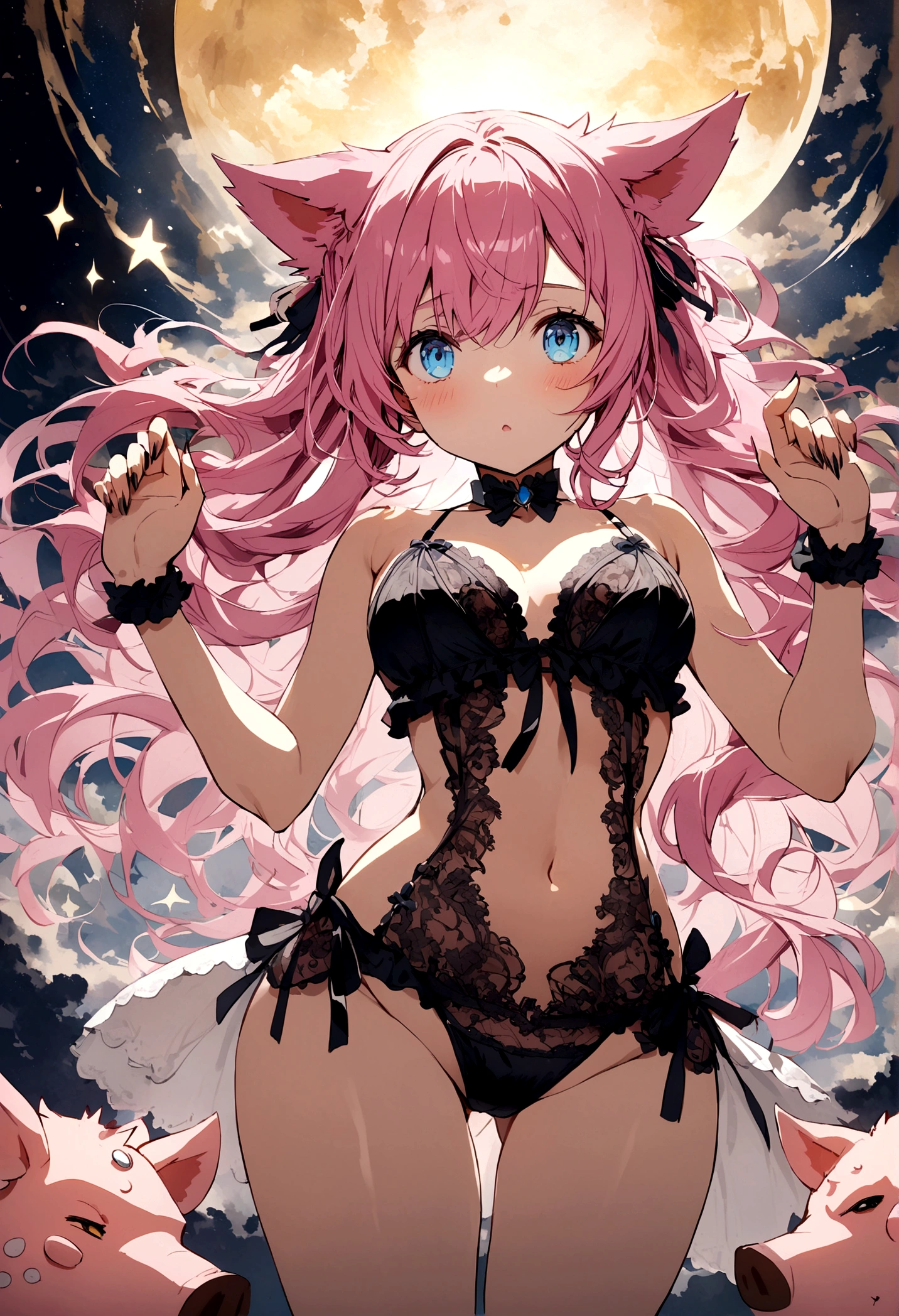 , pink head, blue eyes, wolf pig, wearing sexy lingerie.