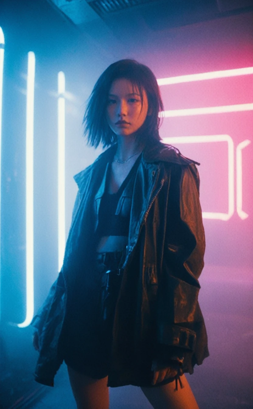 Leo Girl, One girl, Grainy Neon, synthetic textures, Modified limbs, Worn material, Atmospheric fog, Rebellious attitude, Urban decline, layered storytelling, Sci-Fi Technology, dystopian settings