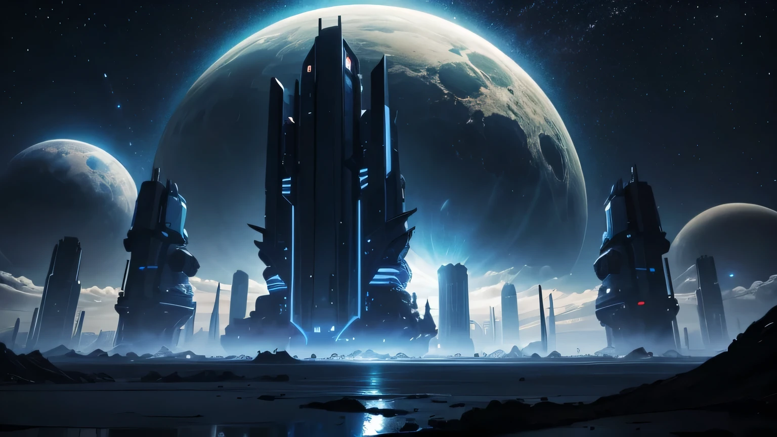 Large civilized planets in the night sky. Clouds on the horizon. Cyber structures. Sci-fi. Blue.
