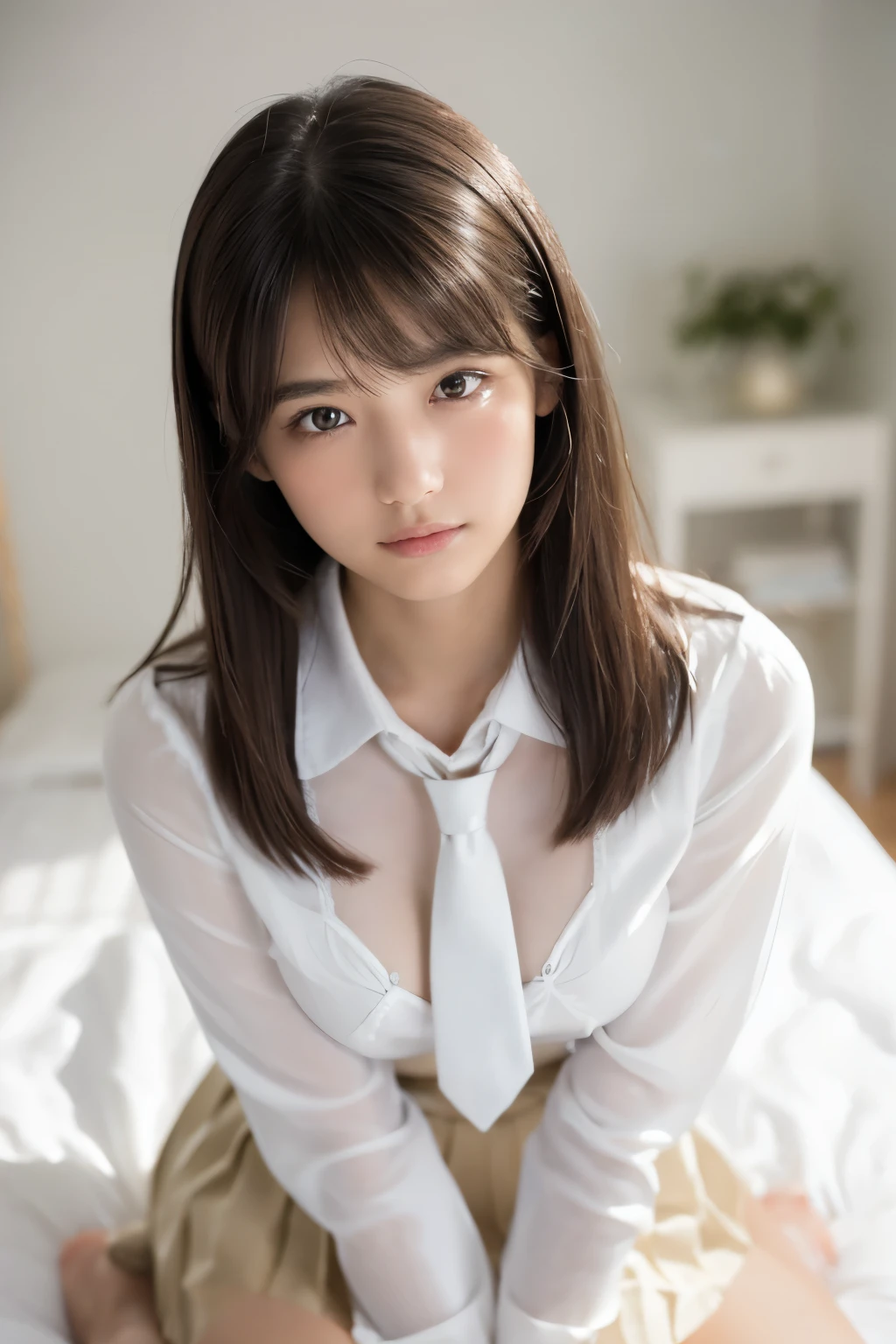 Highest quality, masterpiece, ８ｋ, Perfect body, beautiful girl：1.4，************, Medium Hair, (bangs, Shiny hair), Medium chest：1.5，White Uniform, (White see-through shirt, Long sleeve, tie, ), ((Pleated skirt)), Highly detailed face, Highly detailed skin texture，Very cute face, ((Fair skin, light makeup, Thin eyebrows, Thin eyebrows, Young face)), Delicate eyelashes，looking at the camera, (Natural look, Close your lips), Kneel, Slender body, (Beautiful shape), knees, Thighs, White floor, Professional Lighting, Bright room, innocent, Neat and clean high school students