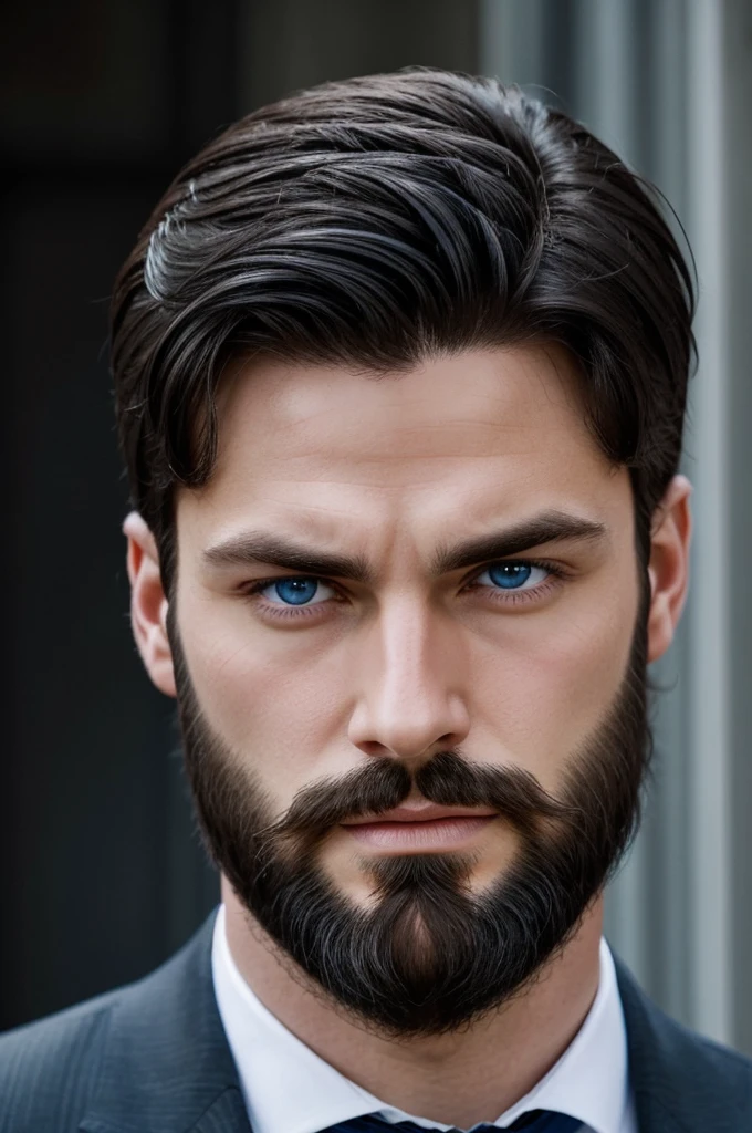 With medium black hair and winter blue eyes devoid of emotion, he possesses a strikingly handsome face. He has no beard.