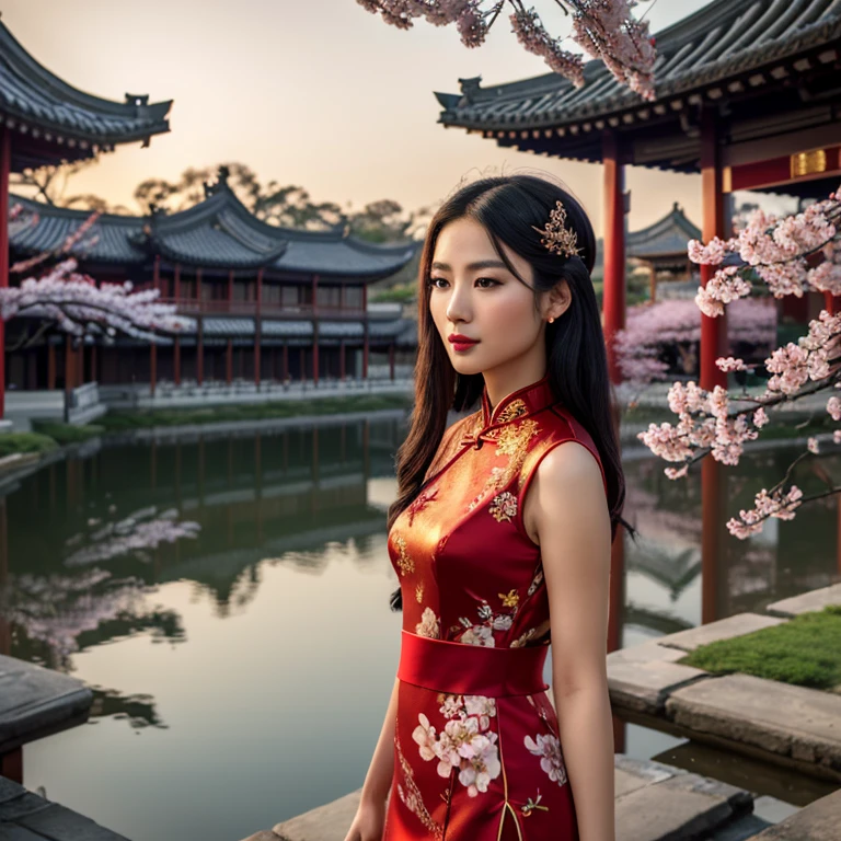 beautiful detailed asian woman in a red cheongsam dress, elegant pose, cinched waist, long black hair, porcelain skin, red lips, floral headpiece, standing in a traditional chinese garden with cherry blossoms, golden light, intricate architecture in the background, (best quality,4k,8k,highres,masterpiece:1.2),ultra-detailed,(realistic,photorealistic,photo-realistic:1.37),cinematic lighting,highly detailed,intricate details,dramatic lighting,muted colors,elegant,beautiful
