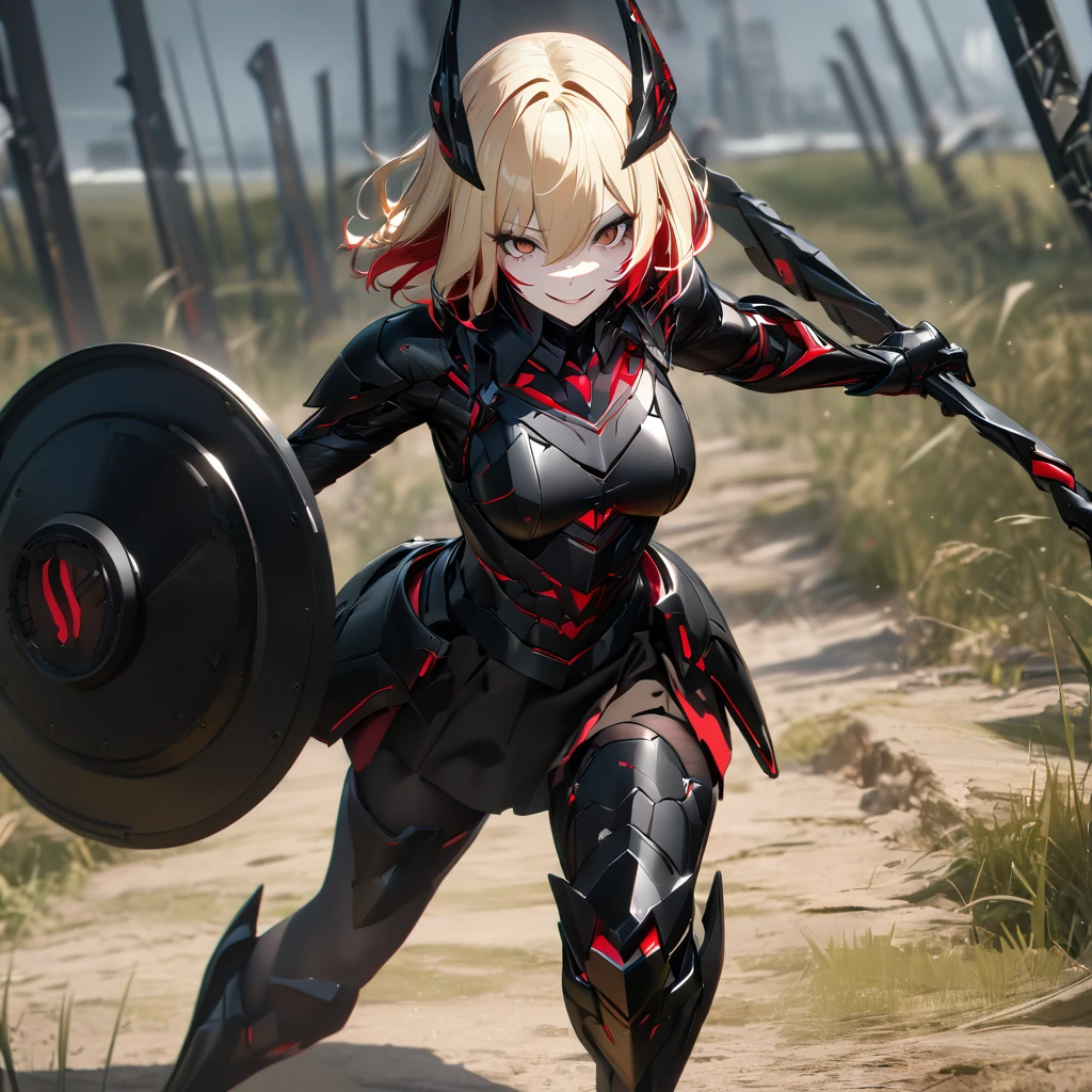 A woman in her 20s, wearing heavy black armor, black metal bracelet, black metal boots, with red details on the armor, short shoulder-length blonde hair, red bangs, smiles, multicolored hair, brown eyes, sadistic smile, face of psychopath, evil face, holding a black metal shield, and a black metal sword, in a combat stance, in an open field, UHD , work- prime, precise, anatomically correct, textured skin, super details, high quality, best quality, 8k, high resolution, bokeh effect. (woman solo )