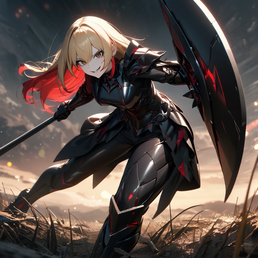 A woman in her 20s, wearing heavy black armor, black metal bracelet, black metal boots, with red details on the armor, short shoulder-length blonde hair, red bangs, smiles, multicolored hair, brown eyes, sadistic smile, face of psychopath, evil face, holding a black metal shield, and a black metal sword, in a combat stance, in an open field, UHD , work- prime, precise, anatomically correct, textured skin, super details, high quality, best quality, 8k, high resolution, bokeh effect. (woman solo )